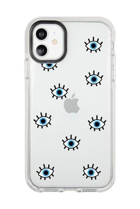 Iphone 12 Beyaz Kenarlı Anti Shock Mavi Nazar Gözler Desenli Telefon Kılıfı IP12LK-063