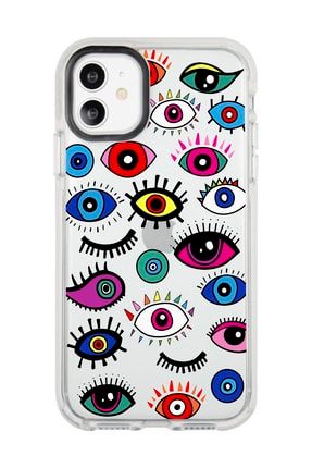 Iphone 11 Beyaz Kenarlı Anti Shock Rengarenk Gözler Desenli Telefon Kılıfı IP11LK-078