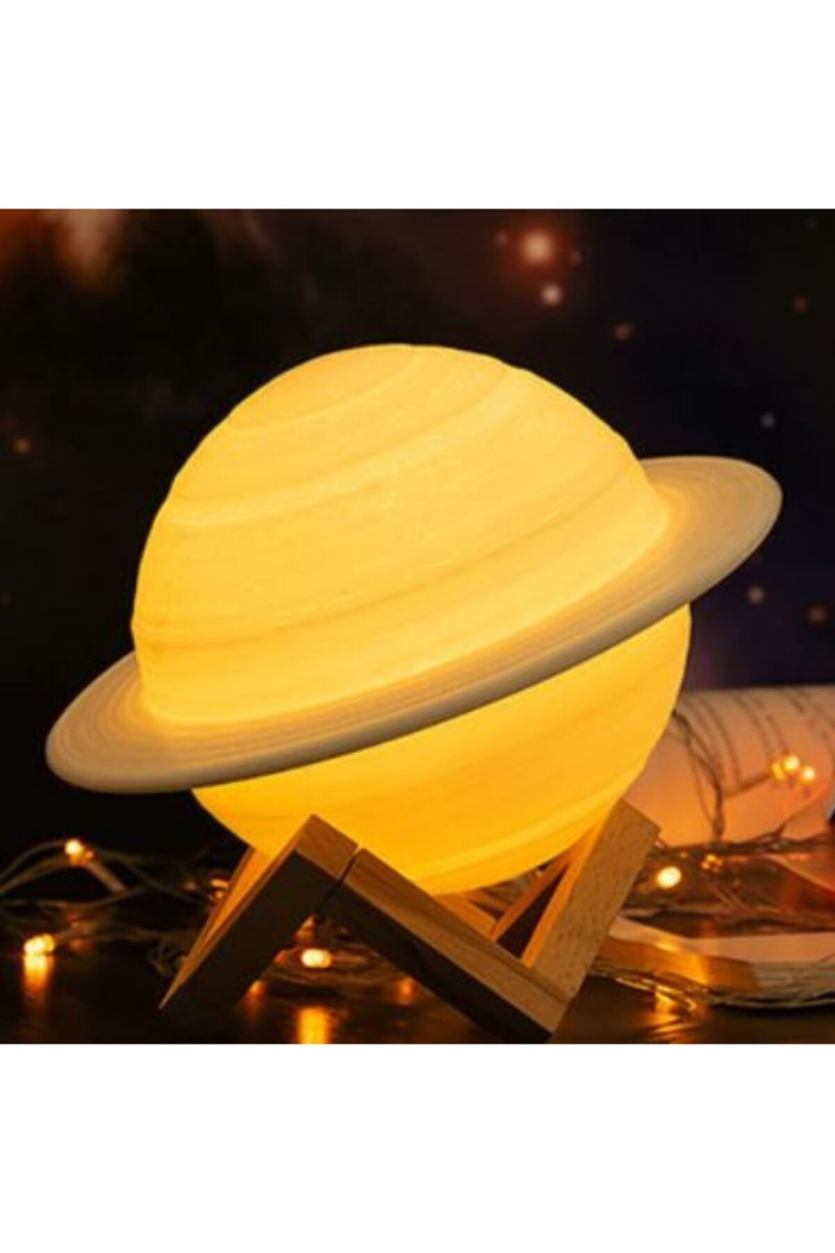 Mbois 3d Print Satürn Dokunmatik Gezegen Ahşap Stantlı 3 Renk Usb Şarjlı Gece Lambası (kumandasız)