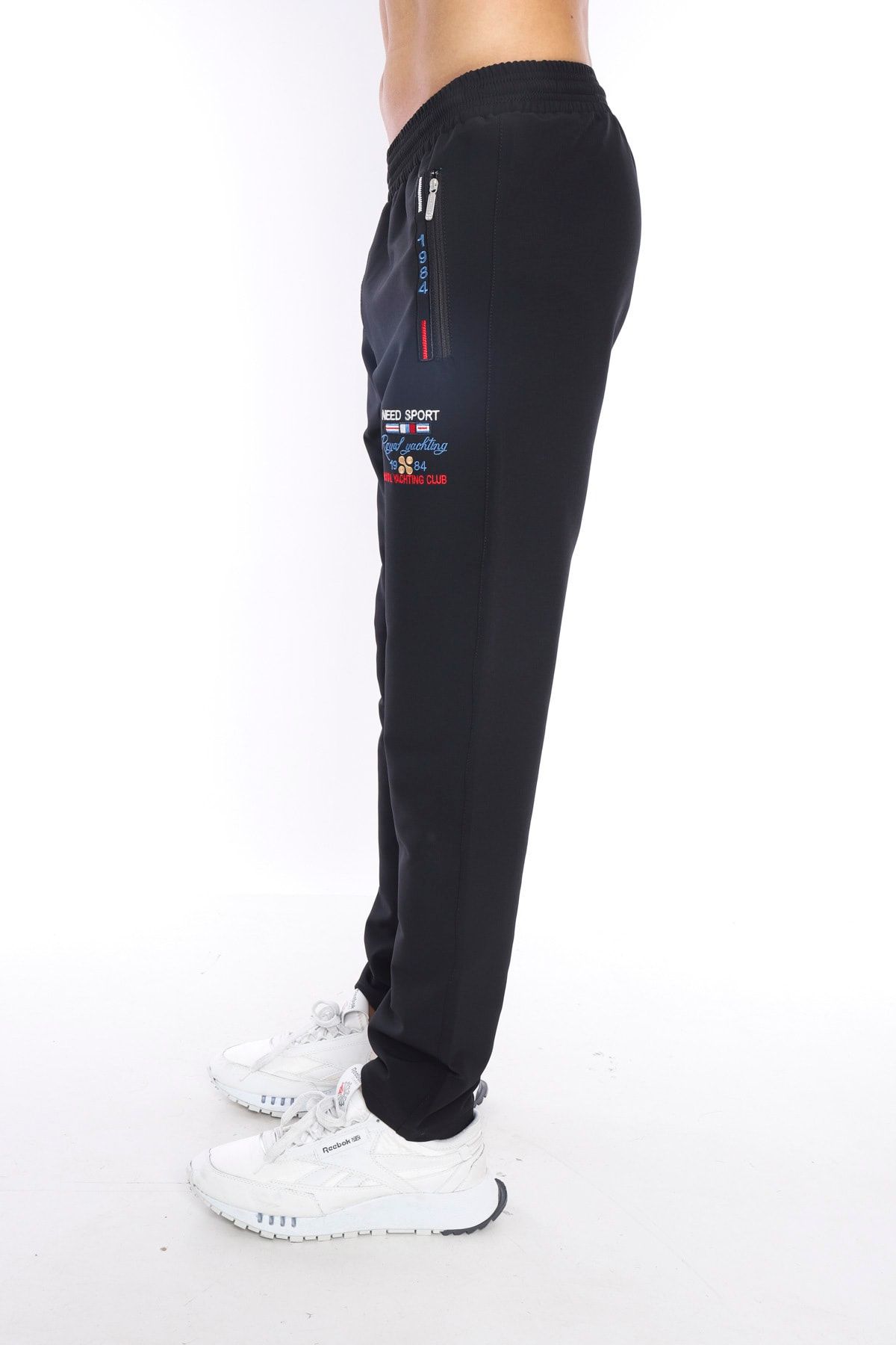 Need-Men's Black Pocket Zippered Embroidery Detailed Straight Leg Sweatpants 2