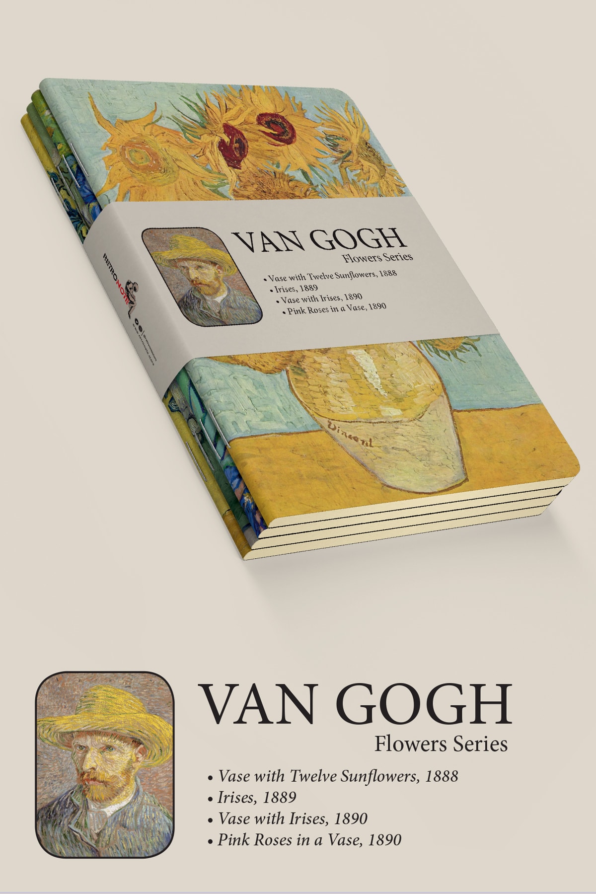 Van Gogh 4'lü Defter Seti 3 - Flowers Series - Çizgisiz - 64 Sayfa - 14x21 Cm
