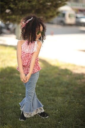 Kız Çocuk Pamuk Pembe Poplin Bluz Dantel Detaylı Kot Pantolon Ikili Takım Z-569