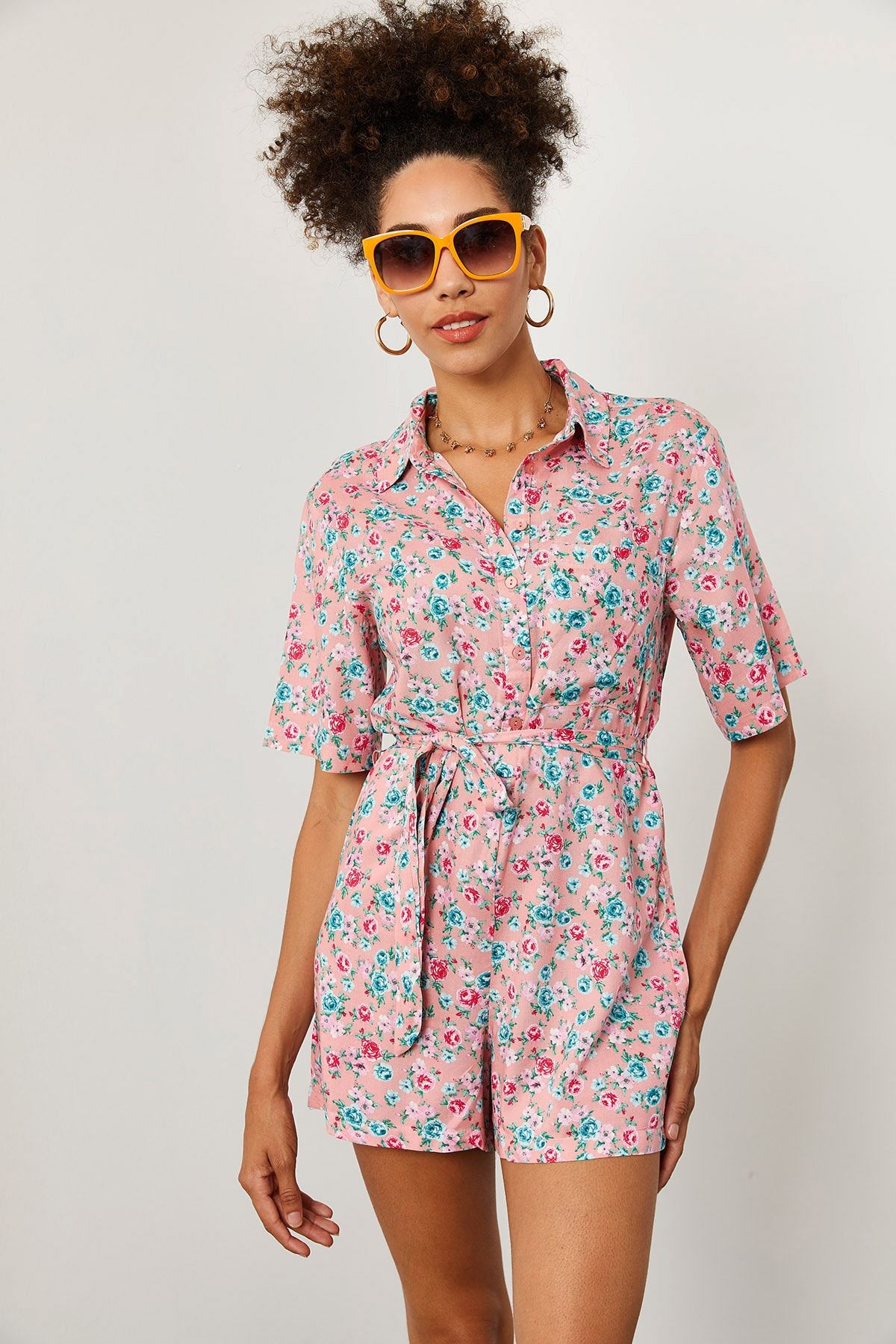 XHAN-Women's Pink Floral Patterned Jumpsuit 1YZK2-11973-20 9