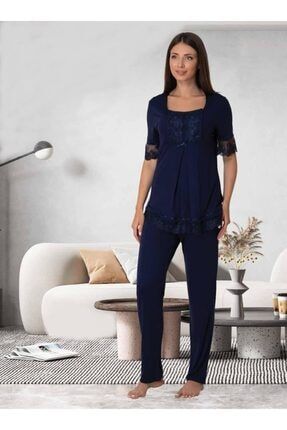 Effort Kadın Lacivert Dantel Kollu Düğmeli Lohusa Hamile Pijama Takımı LEF6032