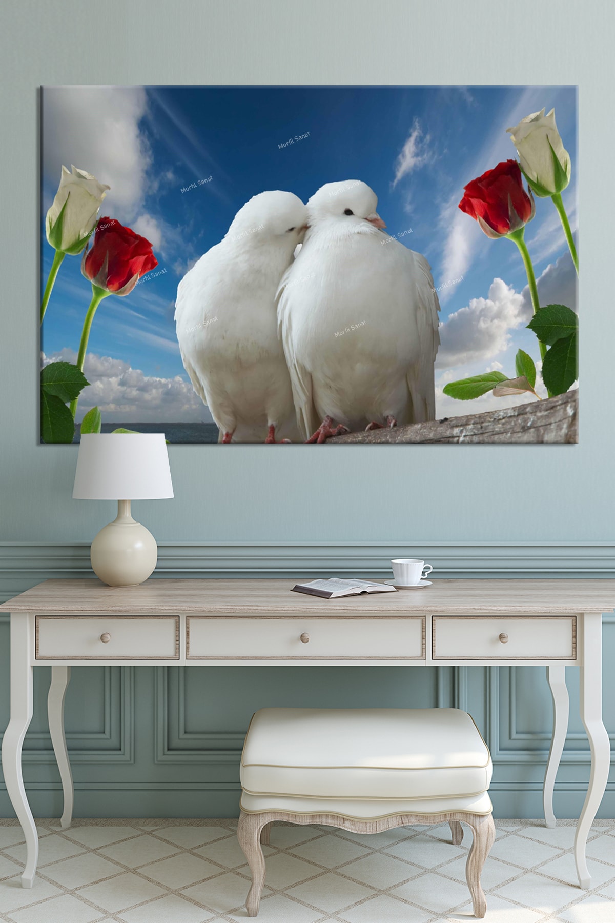 Çift Güvercin Kuşlar Ve Çiçekler Kanvas Tablo