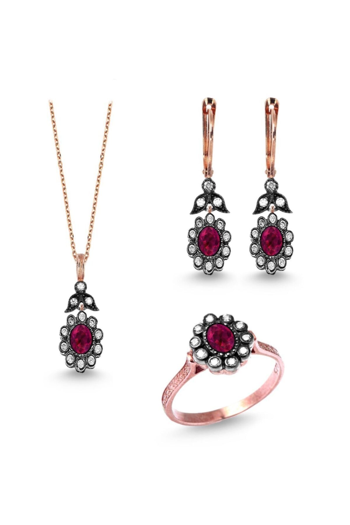 Romiyon Elmas Montür 3'lü Gümüş Kolye Küpe Yüzük Seti