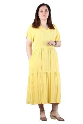 Kadın Büyük Beden Elbise Lm14391 Yuvarlak V Yaka Düşük Kol Diz Altı Spor Pamuk Yeşil Sarı 703400100026