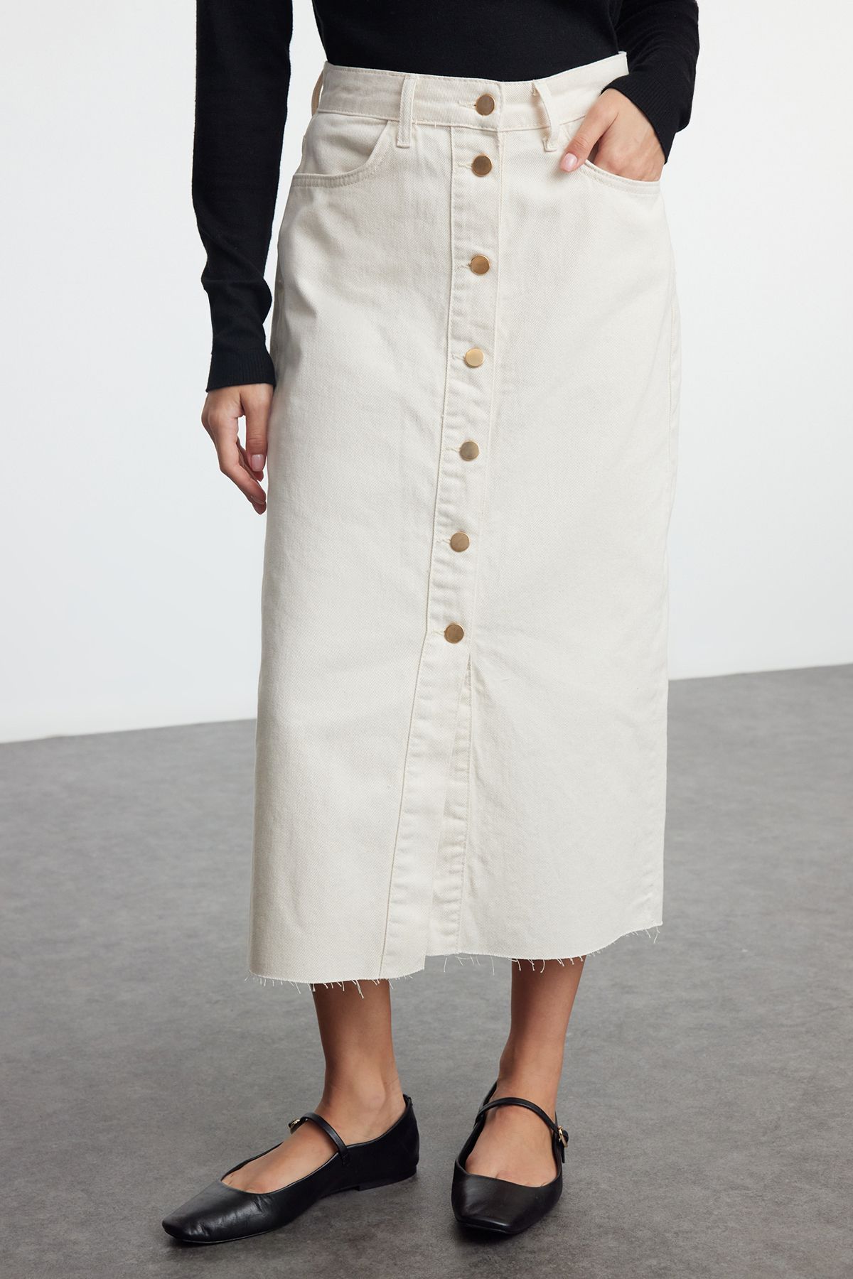 Trendyol Collection-Ecru Button Detail High Waist Midi Denim Skirt Twoss23Et00359 3