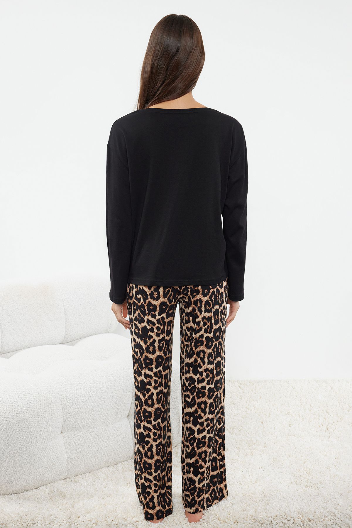 Trendyol Collection-Leopard Patterned Black Knitted Pajamas Set - 100% Cotton THMAW25PT00100 5