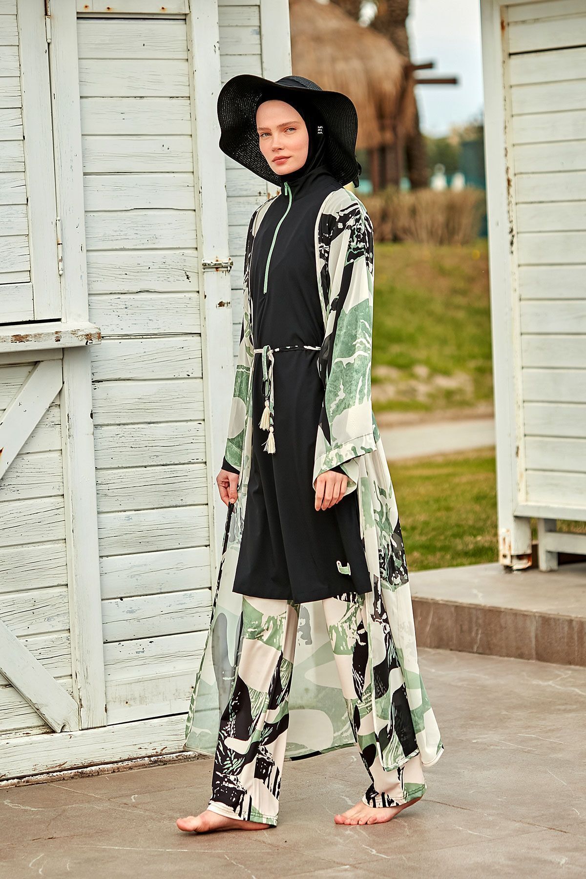Marina-Gemusterter Khaki-Kimono-Kaftan P2411 1