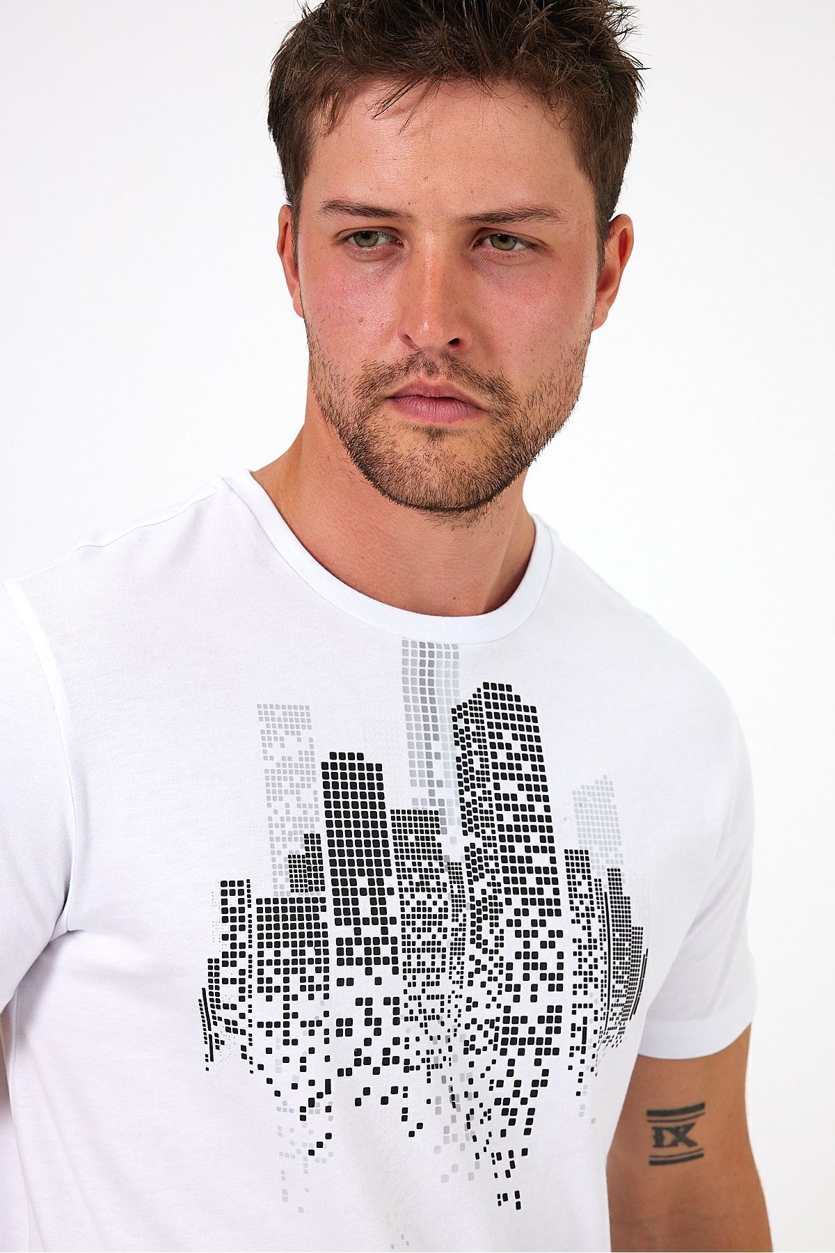 Soho Mood-Ανδρικό λευκό μπλουζάκι Crew Neck Building Printed 100% βαμβάκι 7