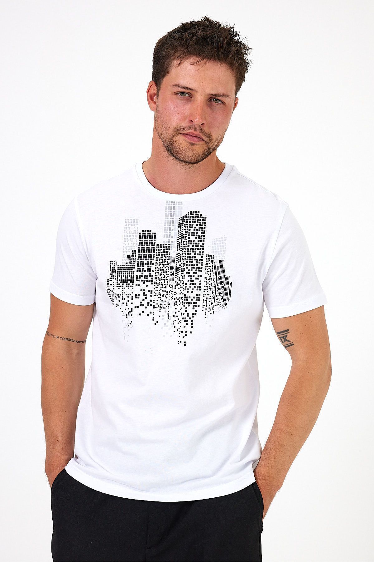Soho Mood-Ανδρικό λευκό μπλουζάκι Crew Neck Building Printed 100% βαμβάκι 4