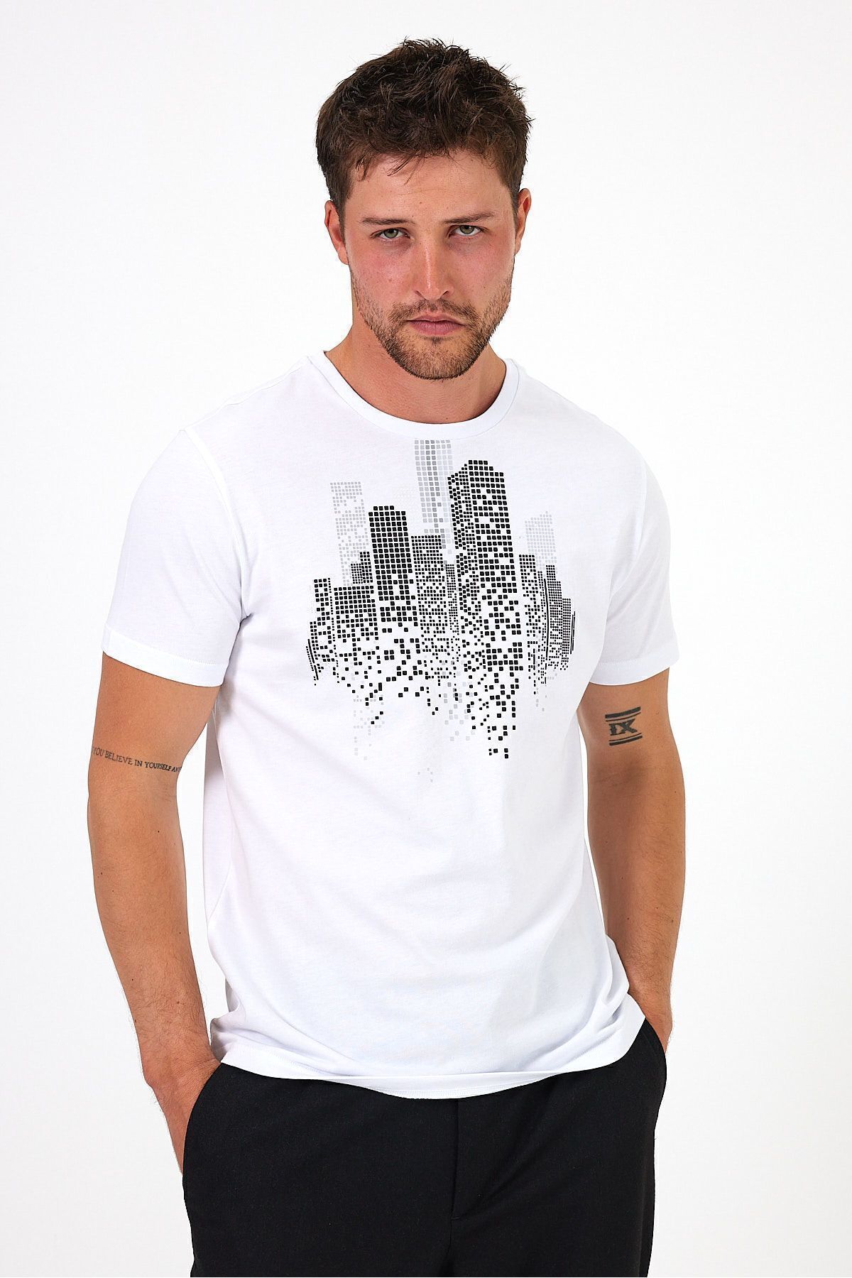 Soho Mood-Ανδρικό λευκό μπλουζάκι Crew Neck Building Printed 100% βαμβάκι 5