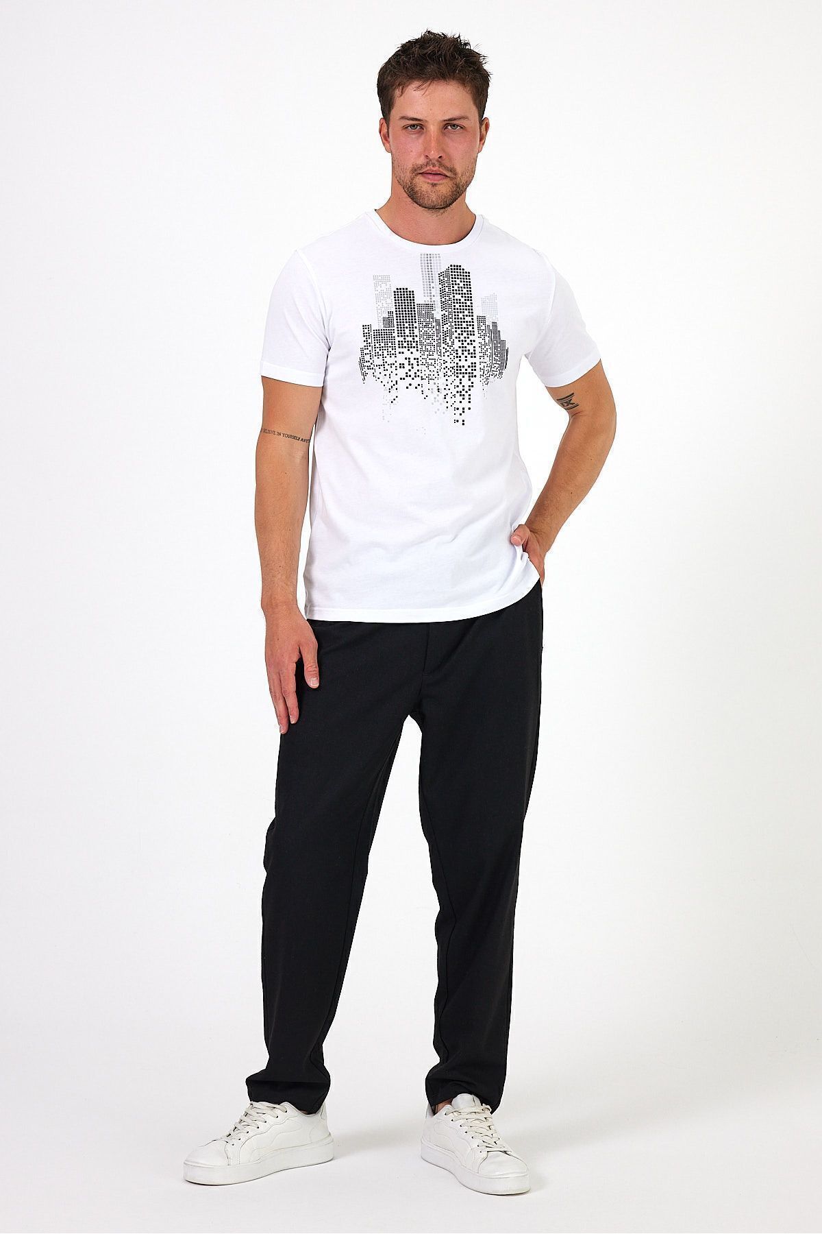 Soho Mood-Ανδρικό λευκό μπλουζάκι Crew Neck Building Printed 100% βαμβάκι 3