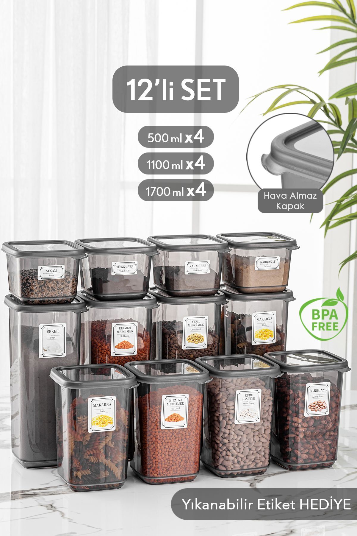 Meleni Home-مجموعة مكونة من 12 حاوية تخزين مربعة الشكل مع ملصق بينو أنثراسايت 4x (0.50 LT-1،10 LT -1.70 LT) 1