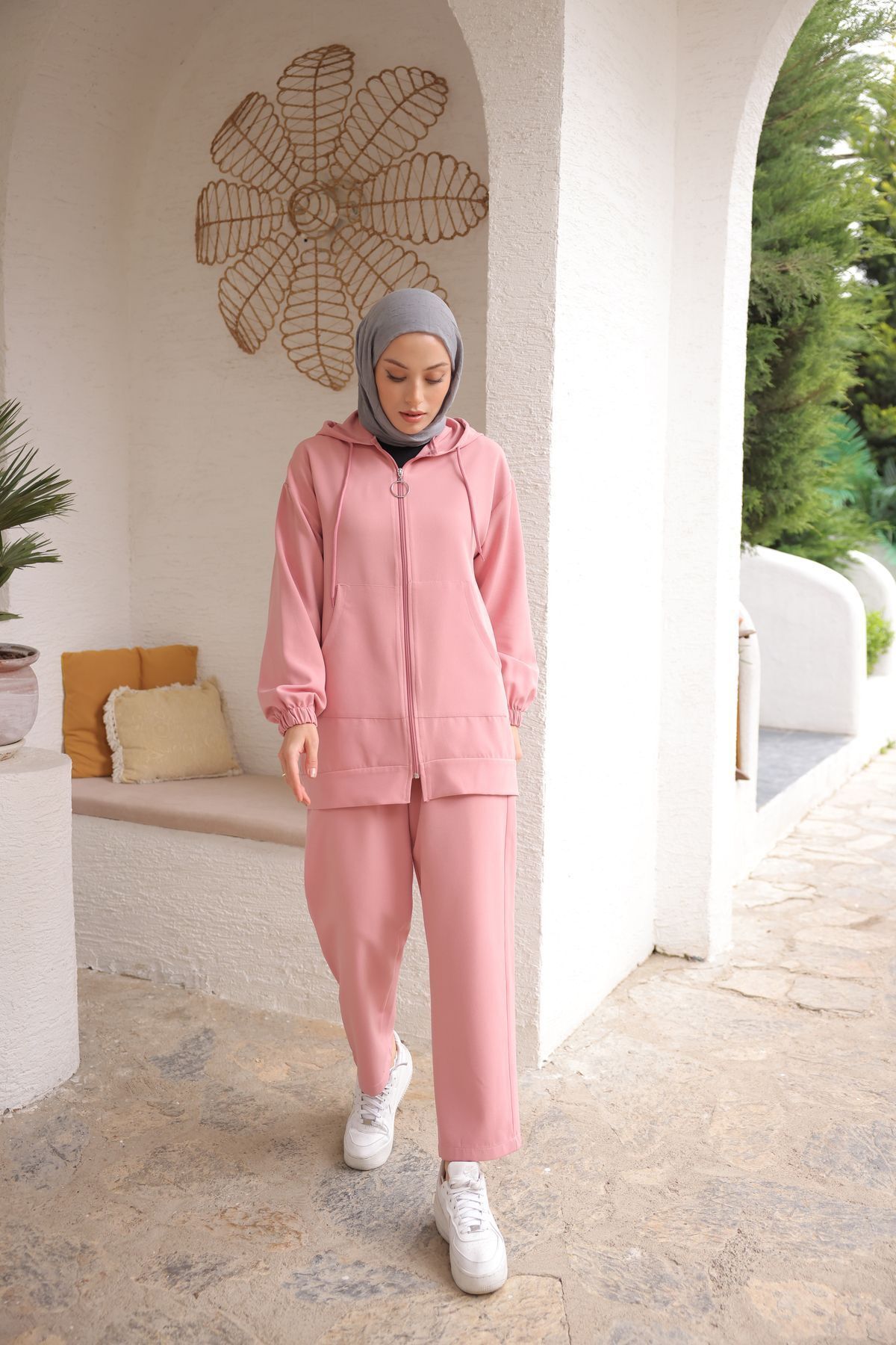 PİNK FLY-Hooded Imported Double Fabric Kangaroo Pocket Women's Hijab Tracksuit Set 3