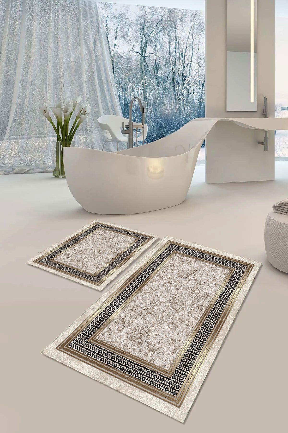 Anti-Slip Base Washable Dust Stain Resistant 2-Piece Set Toilet Bath Mat Set