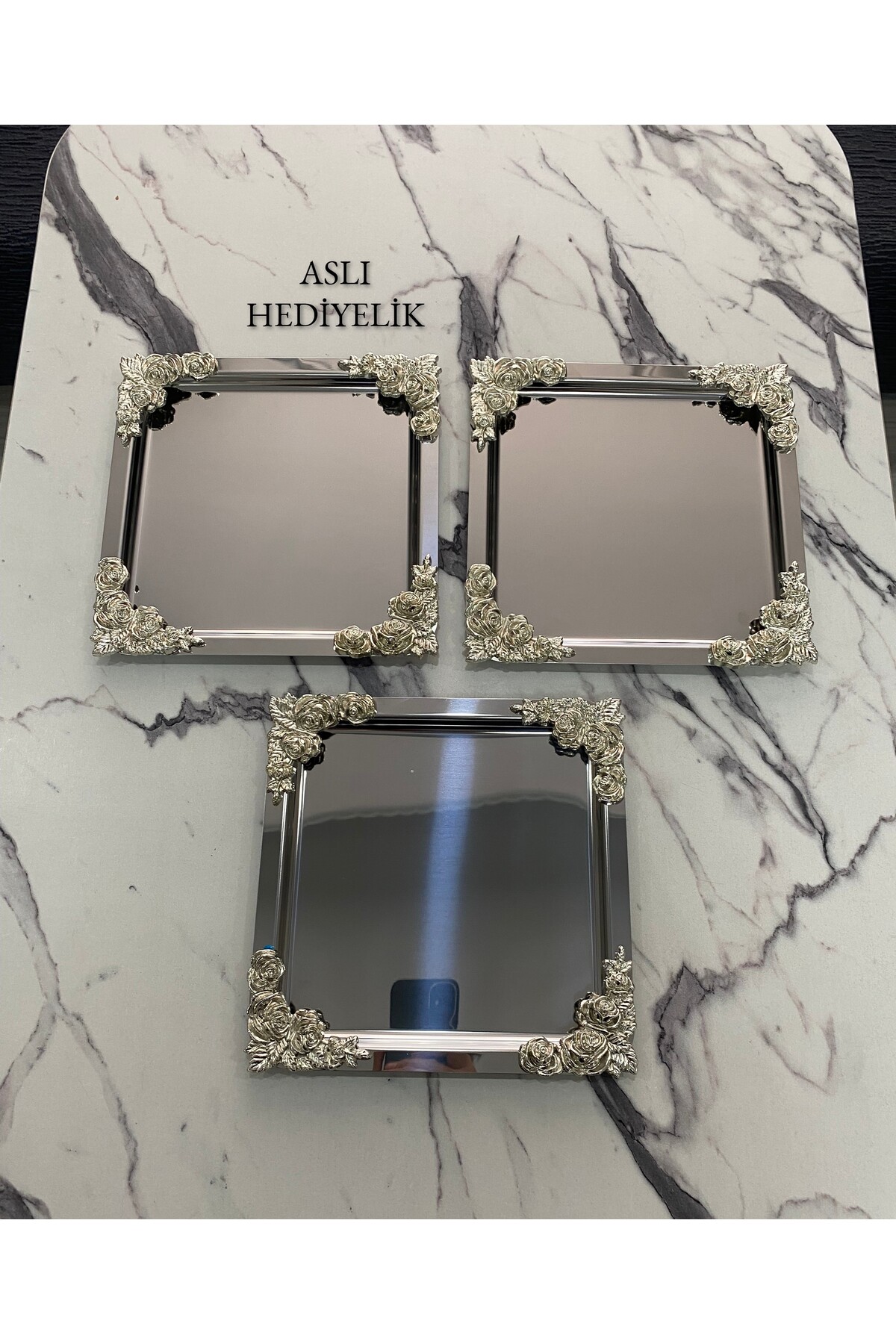 3-Piece Luxury 4-corner Silver Flower Silver Square Coating Model tea,coffee,catering Serving Tray 21x21