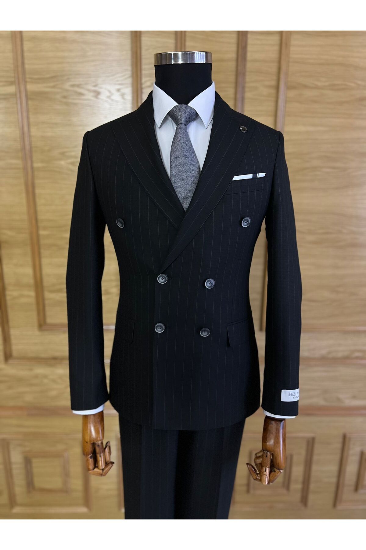 Terziayhan Exclusive Siyah Slimfit Kruvaze Çizgili Takım Elbise