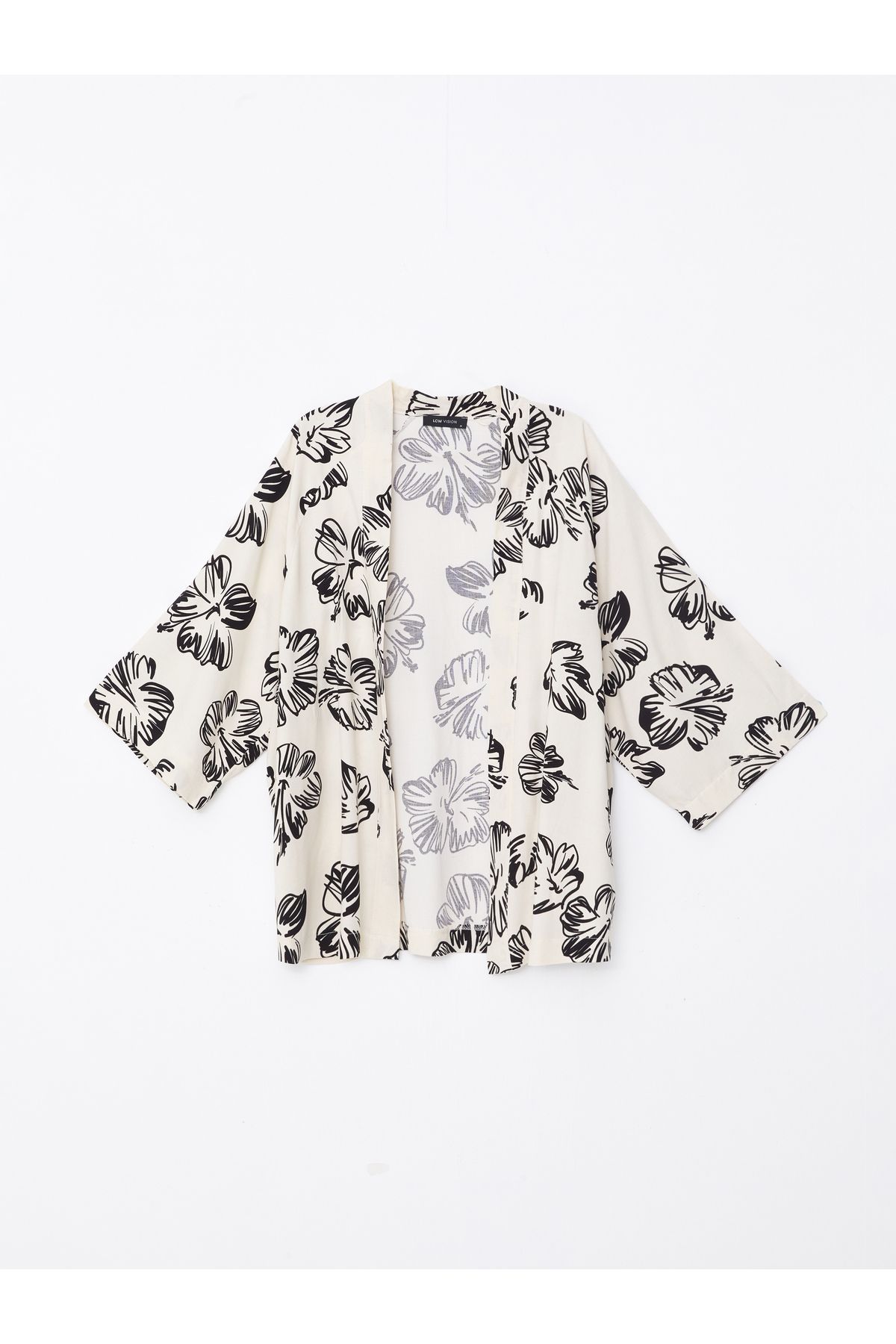 Şal Yaka Çiçekli Keten Karışımlı Oversize Kadın Kimono
