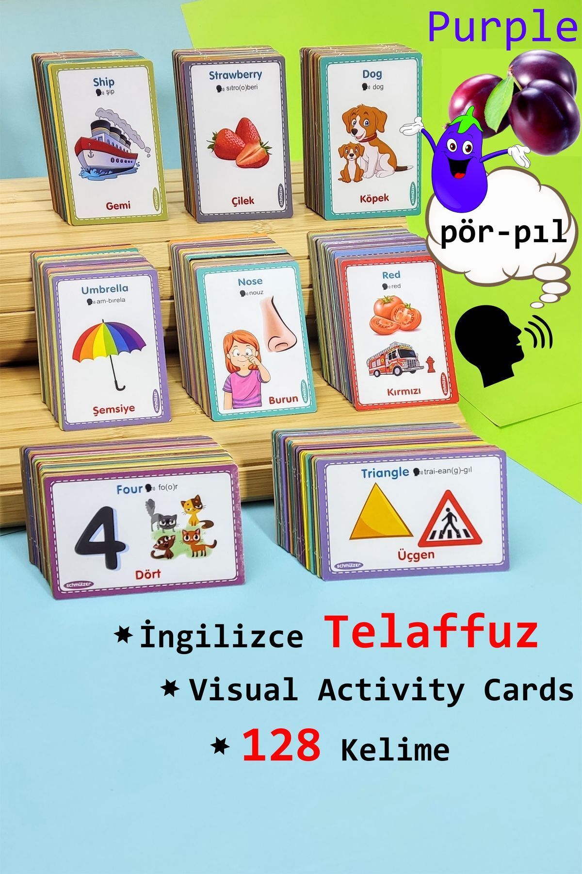 Türkçe Ingilizce Telaffuz - Visual Activity Cards Eğitim Kartları- 128 Kelime (1-10 YAŞ)