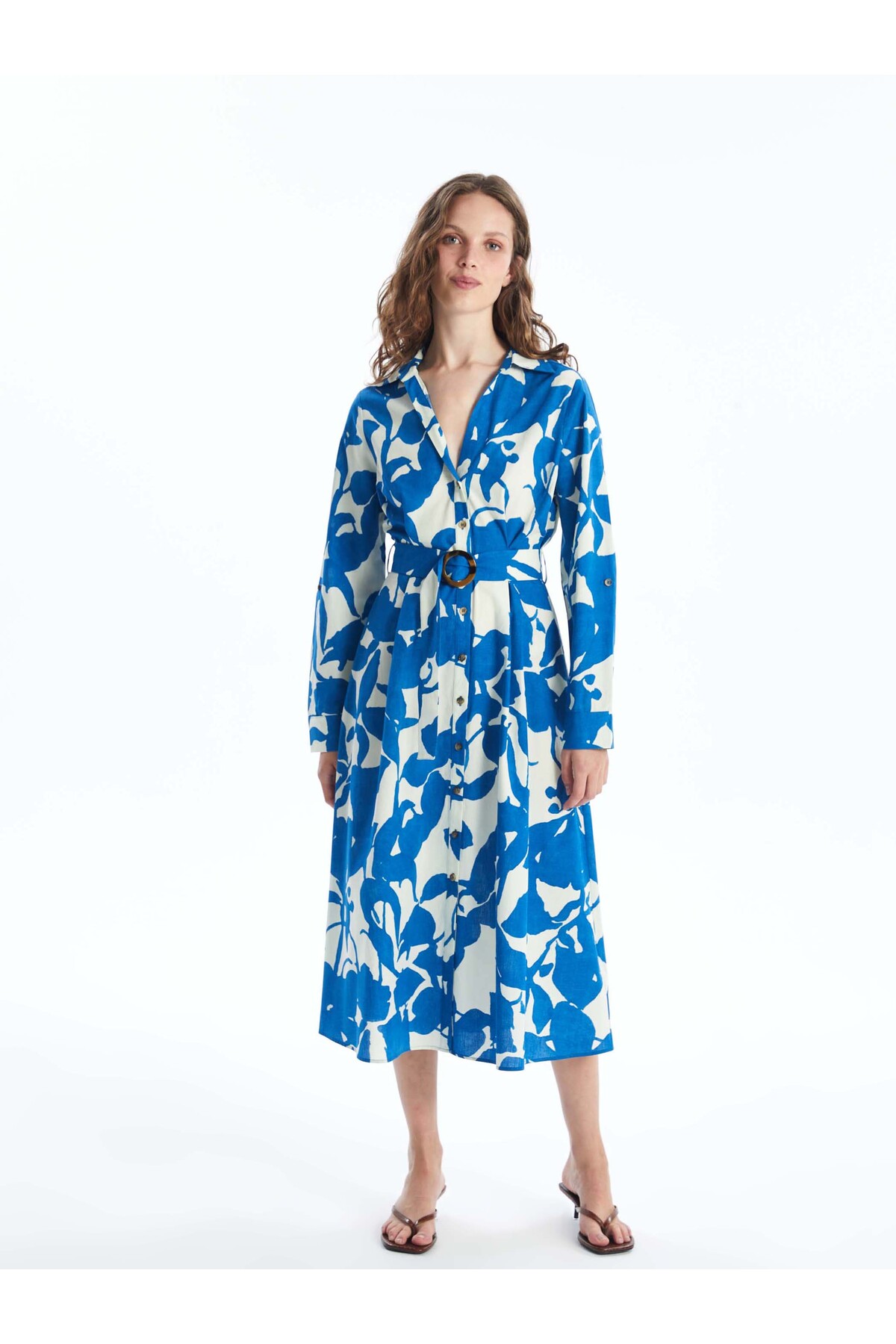 LC Waikiki Wzorzysta damska sukienka koszulowa z długim rękawem