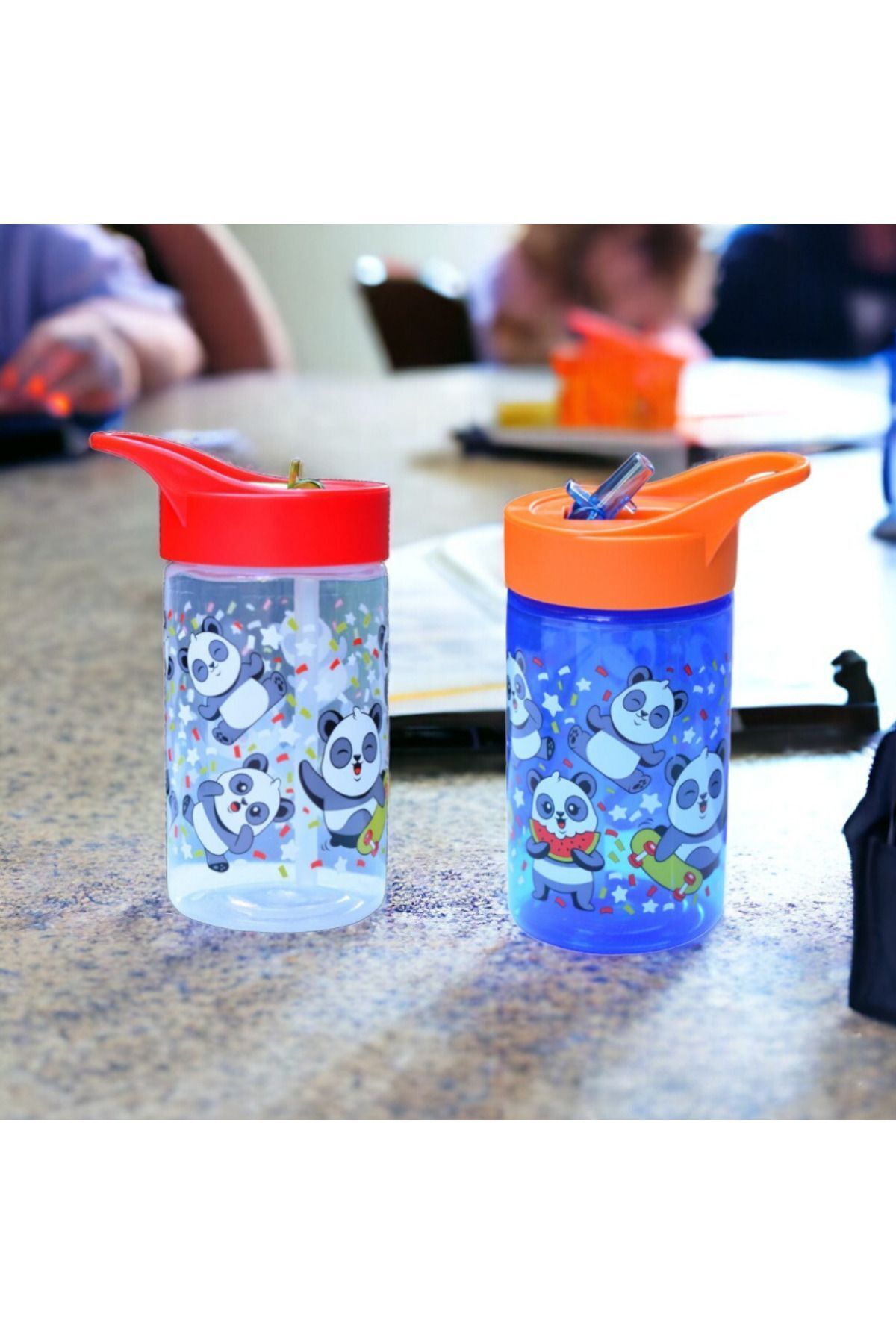 Peaceful 2 Adet 430 cc BPA FREE Katlanabilir Pipetli Sevimli Panda Desenli Akıtmaz Matara ve Suluk fotoğrafı 4 (önizleme)