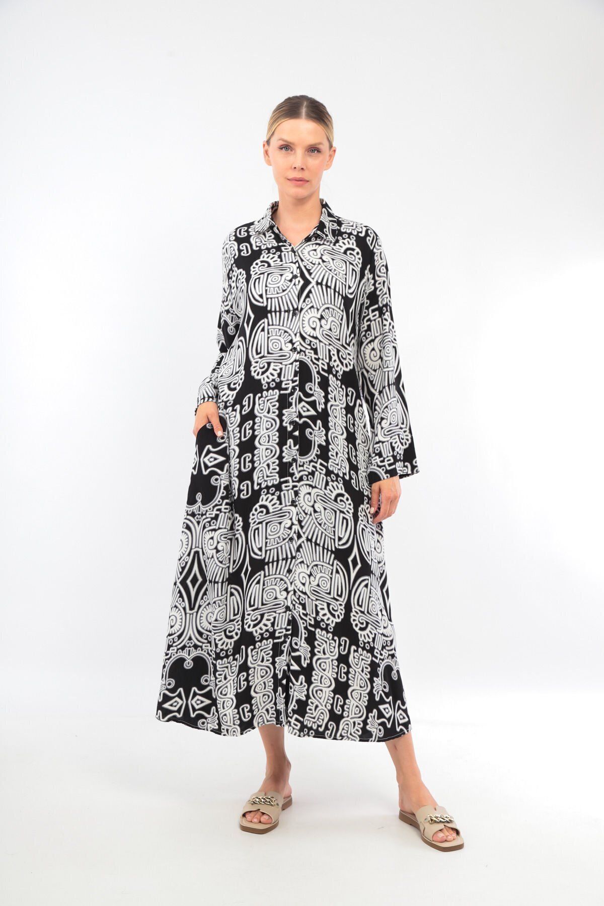 soBasic-Black Viscose Shirt Dress - 100% Cotton, Patterned, Buttoned Front and Slit - Std 2