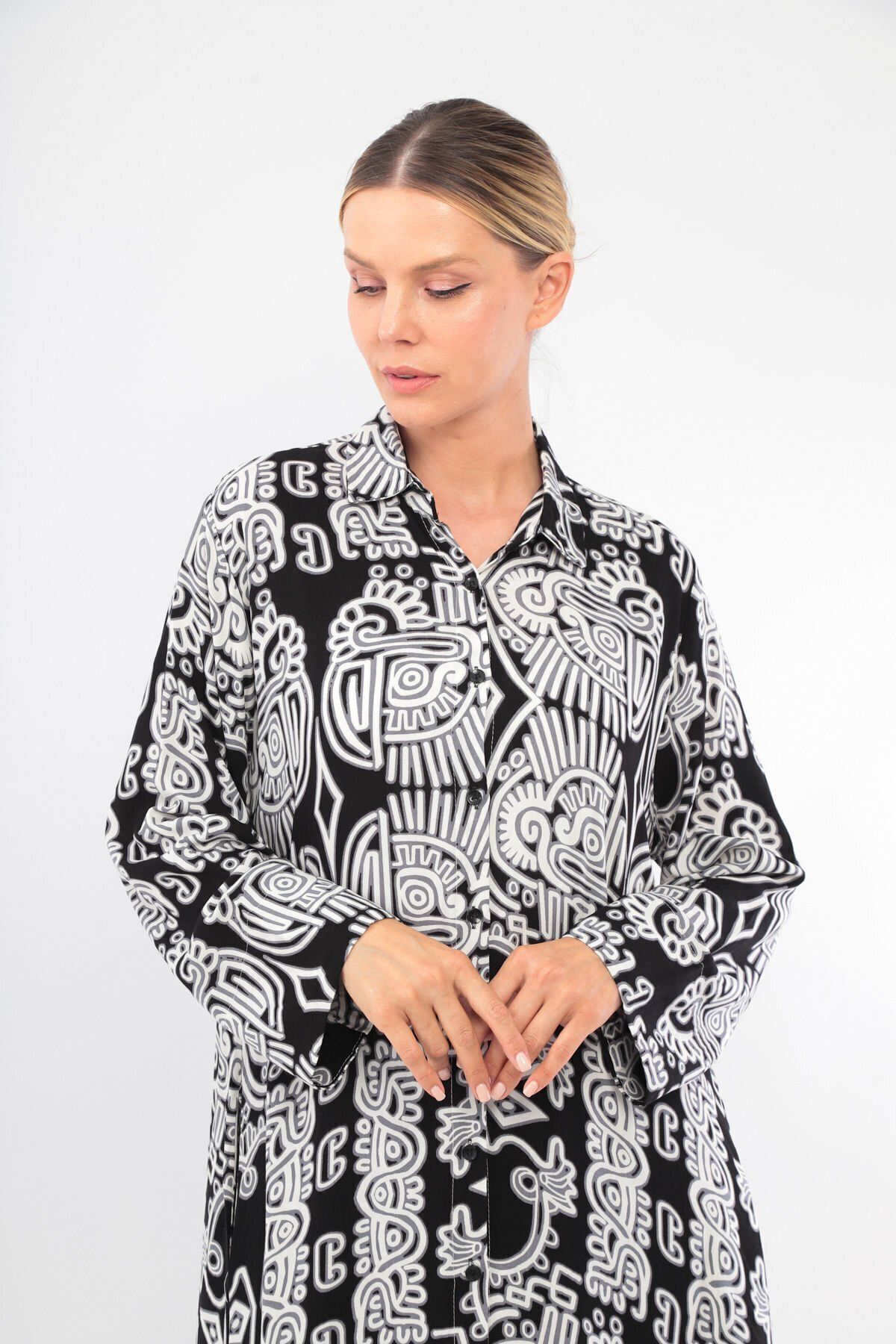 soBasic-Black Viscose Shirt Dress - 100% Cotton, Patterned, Buttoned Front and Slit - Std 5