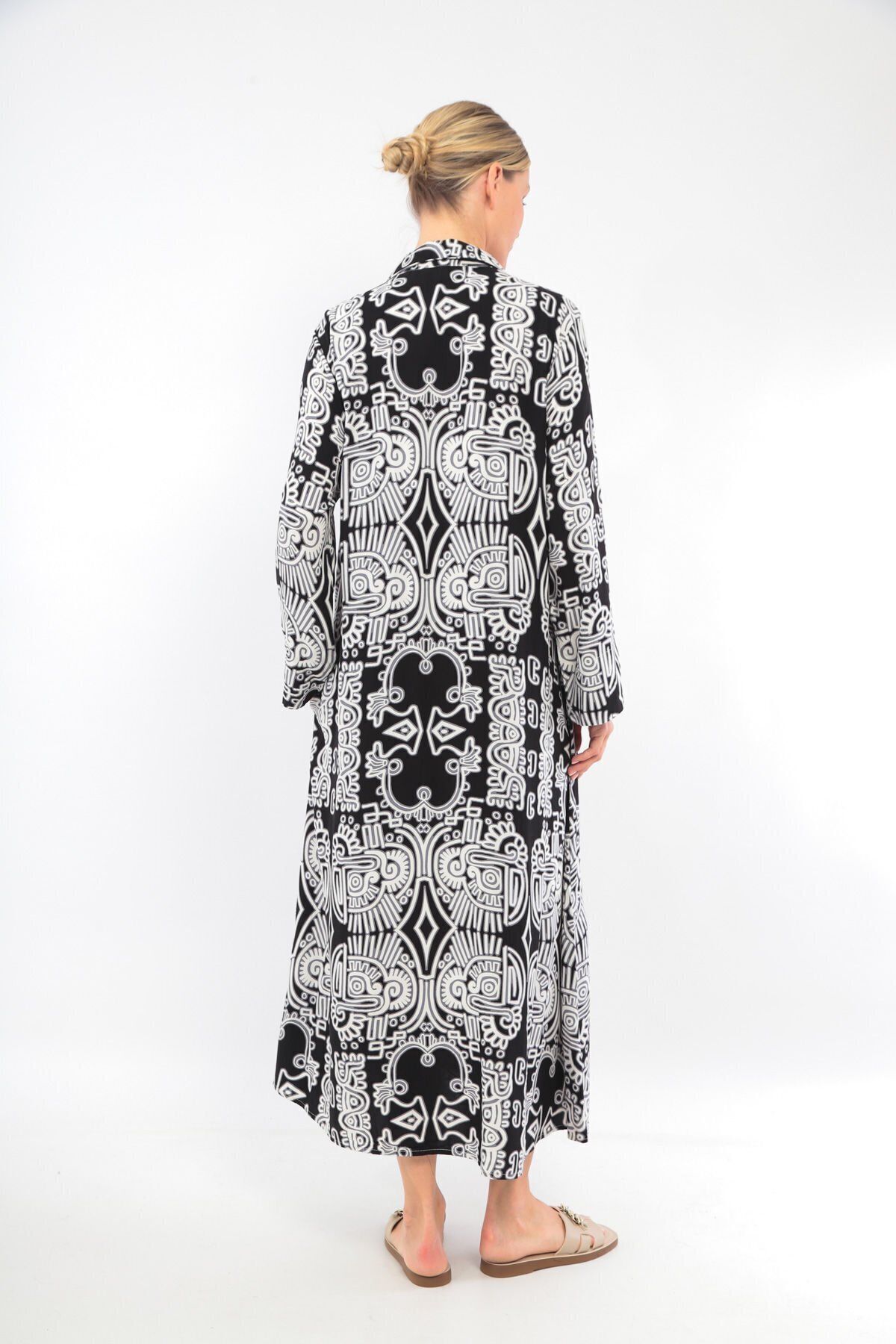 soBasic-Black Viscose Shirt Dress - 100% Cotton, Patterned, Buttoned Front and Slit - Std 7