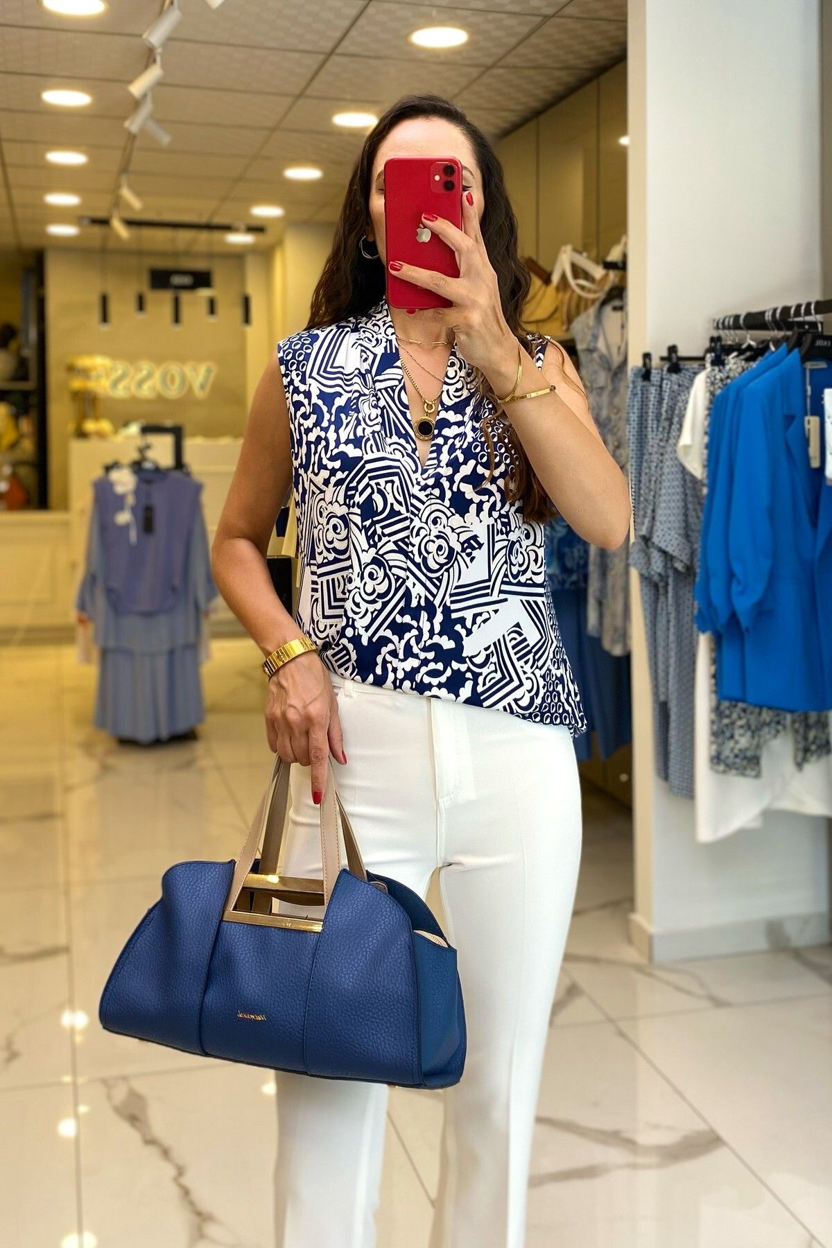 بلوز آبی زنانه لباس الگوی ECOL NACTERE V NECK BLOUSE اورجینال Vosse