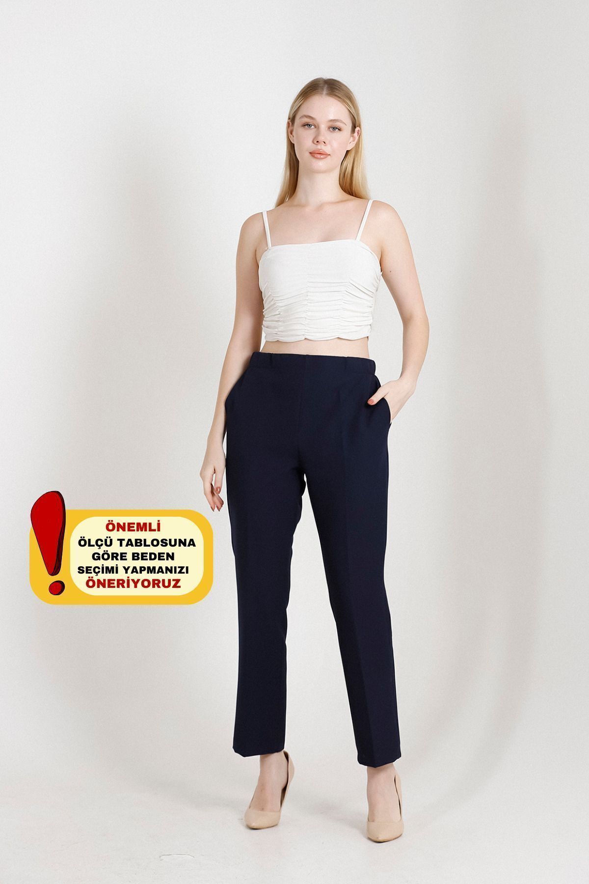 3003 Navy Blue Women's Seasonal Woven Pants with High Waist Pockets
