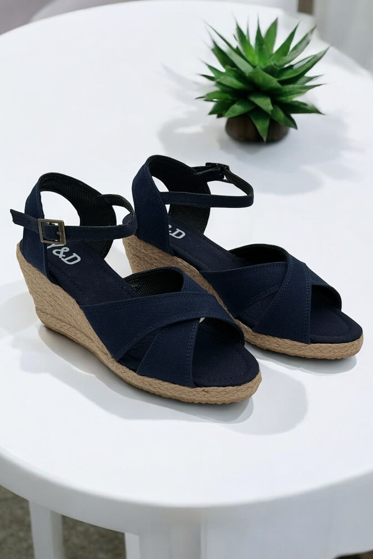 Y&D Shoes Dolgu Topuk Çapraz Keten Sandalet Espardil