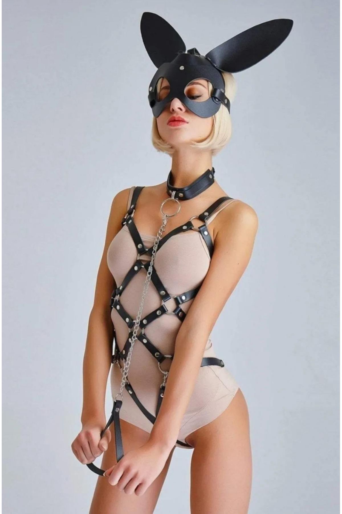 STARDOLL-Costum negru din piele cu mască foarte sexy 4