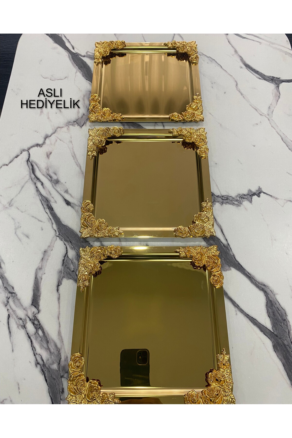3-Piece Luxury 4-corner Gold Flower Gold Square Coating Model tea,coffee,catering Serving Tray 21x21