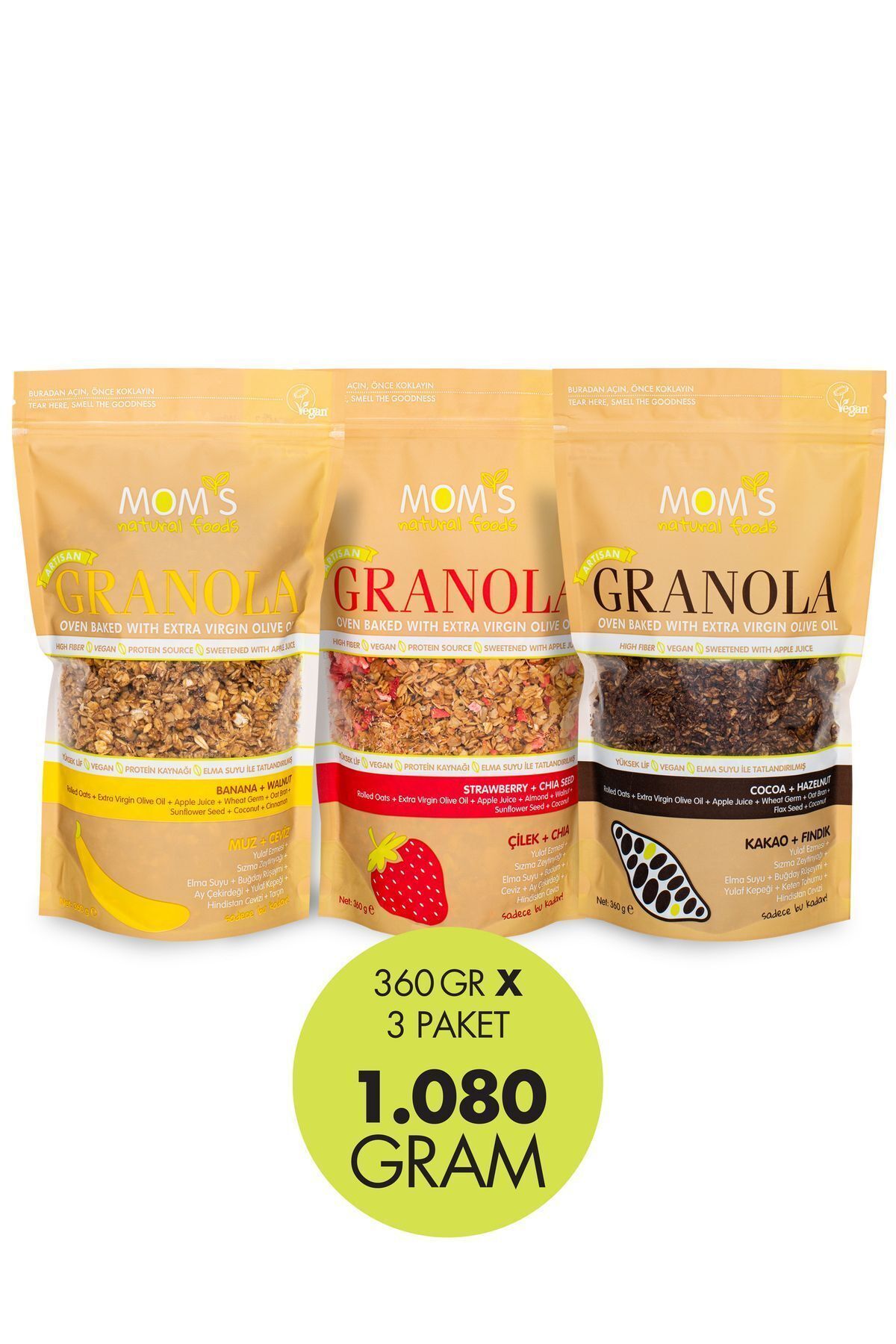 3'LÜ GRANOLA MUZ-CEVİZ 360 G / ÇİLEK-CHIA 360 G / KAKAO-FINDIK 360 G