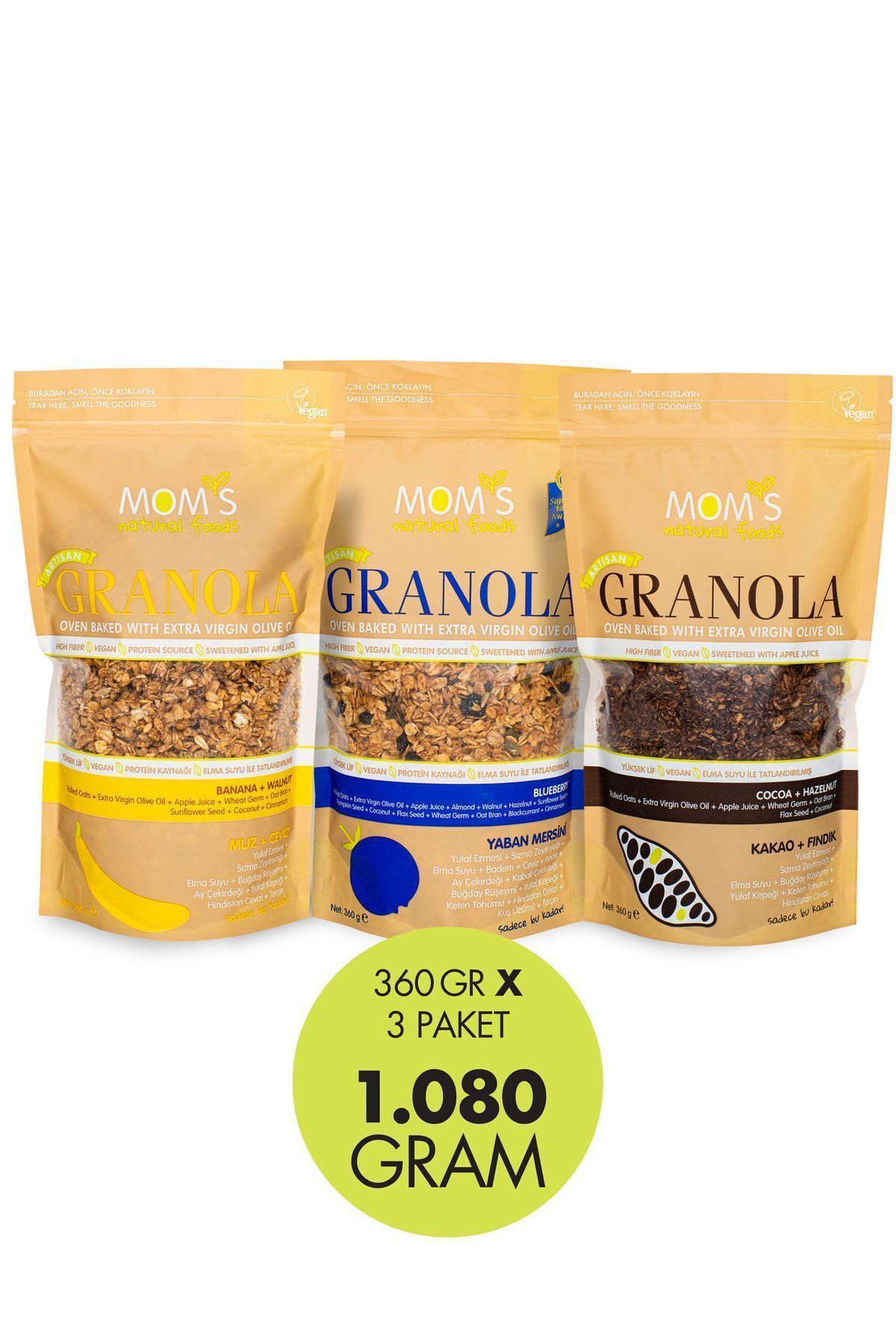 3'LÜ GRANOLA MUZ-CEVİZ 360 G / YABAN MERSİNİ 360 G / KAKAO-FINDIK 360 G