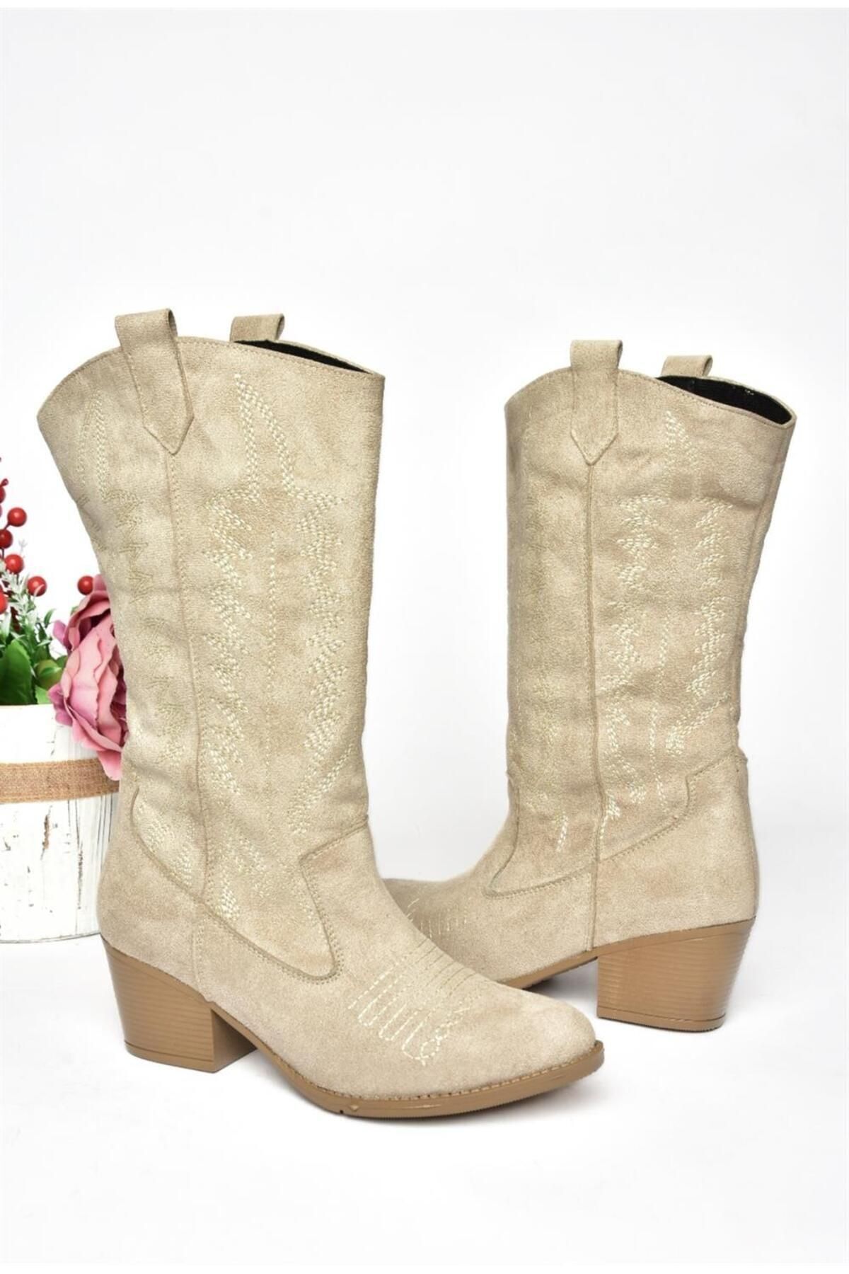 چکمه نود زنانه بوت مدل کابوی بژ جیر R973934002 Fox Shoes
