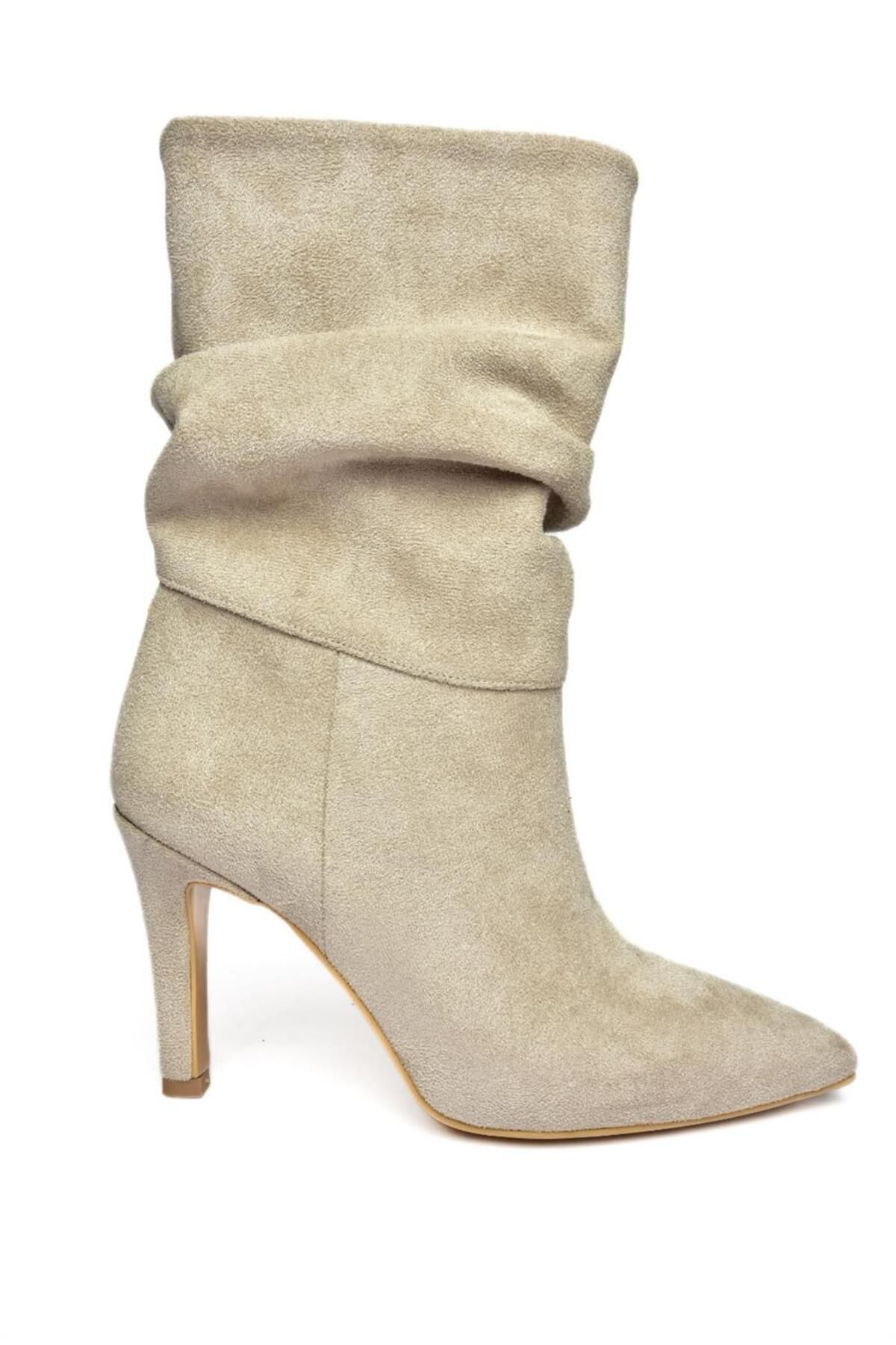 Fox Shoes-R404020302 Damenstiefel aus beigem Wildleder mit dünnem Absatz und gerafftem Absatz 6