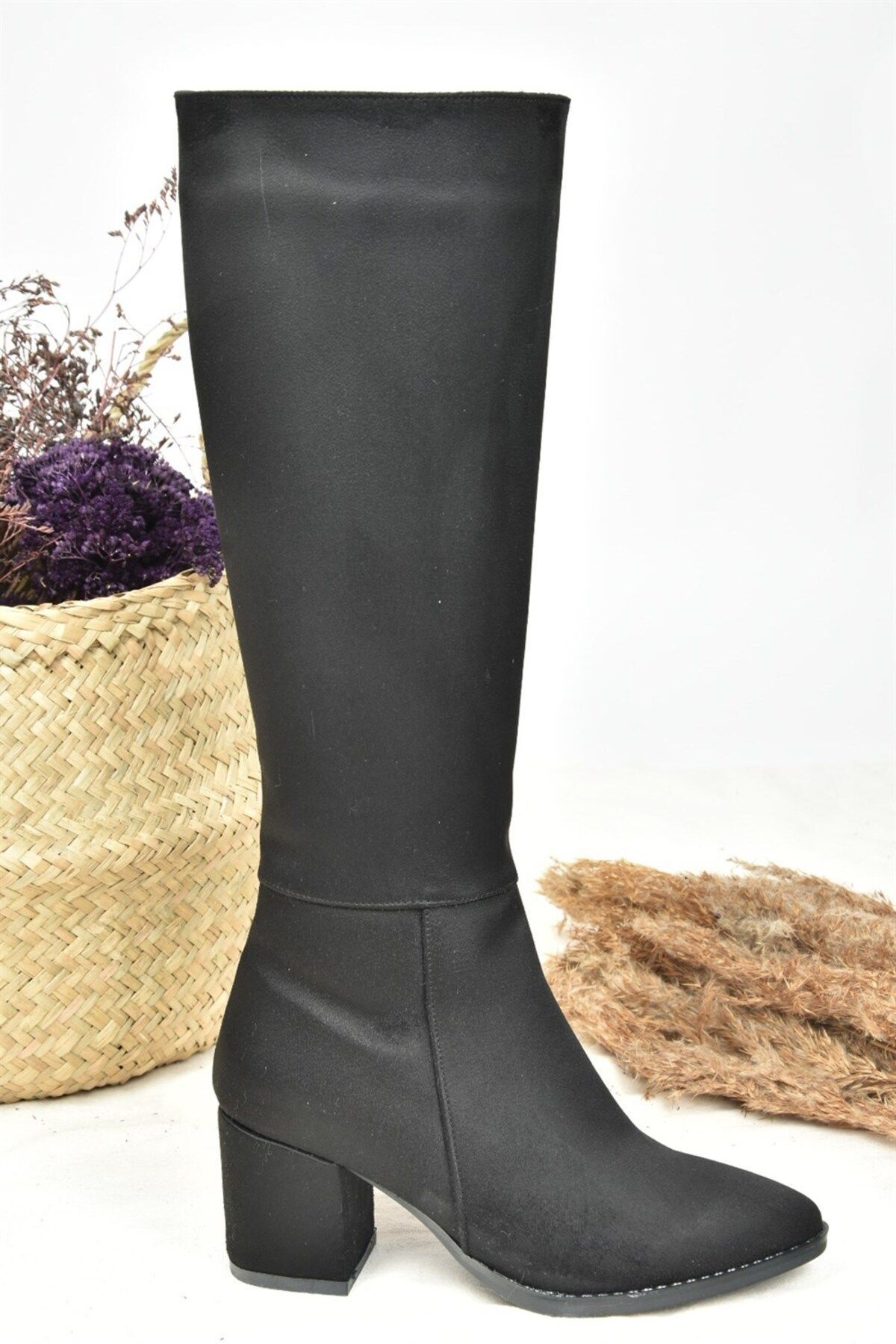 Fox Shoes-Cizme de damă din piele întoarsă neagră cu toc gros 6