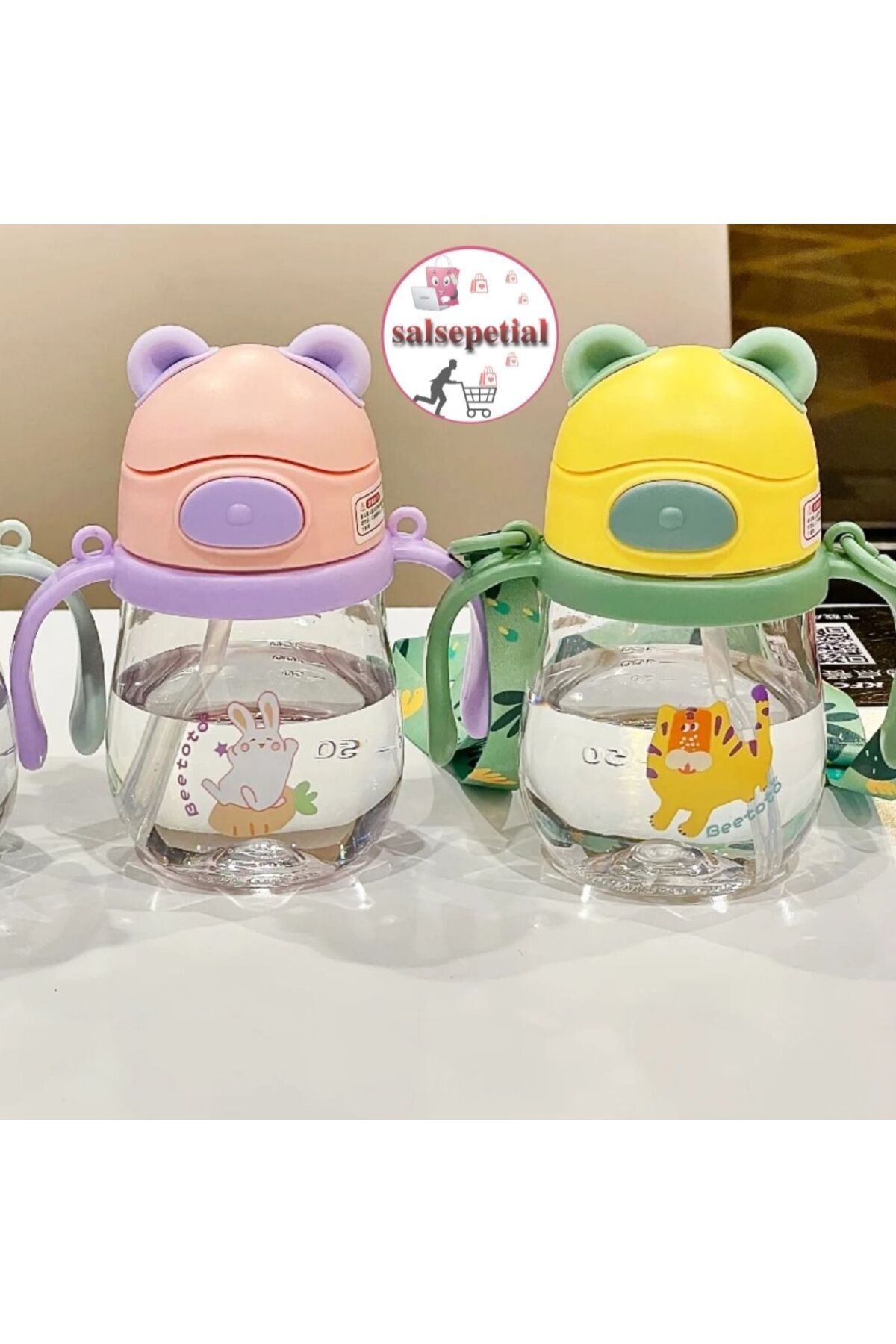 Salsepetial 250ml Ayıcık Figürlü Pipeti Suluk Bebek Matara Askılı Sevimli Su Şişesi Bebek Pipetli Biberon Matara fotoğrafı 5 (önizleme)