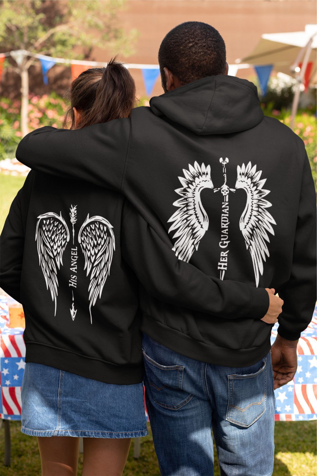 macklin Dear Couple Combination Angel and Guardian Printed Special Design Hooded Sweatshirt Set of 2 Set Trendyol