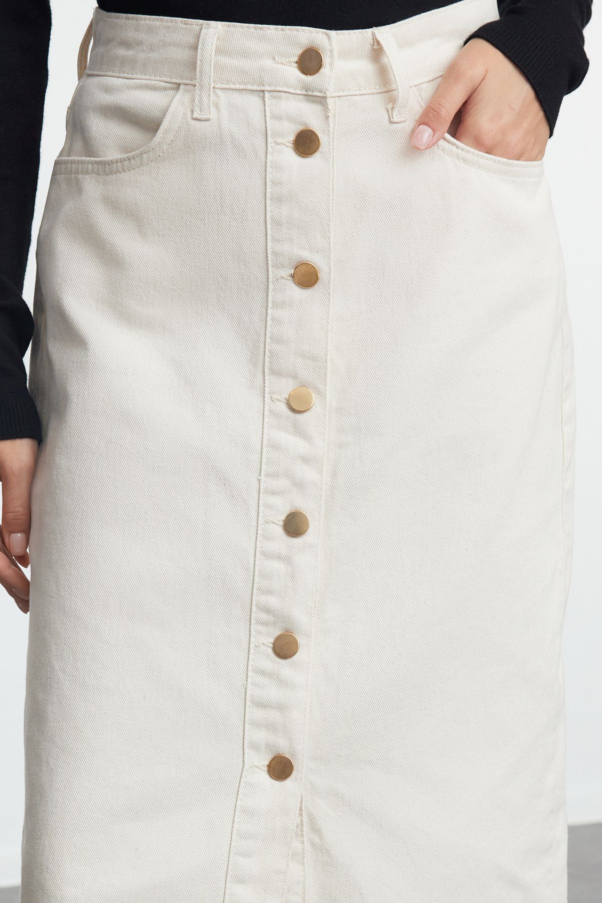 Trendyol Collection-Ecru Button Detail High Waist Midi Denim Skirt Twoss23Et00359 4