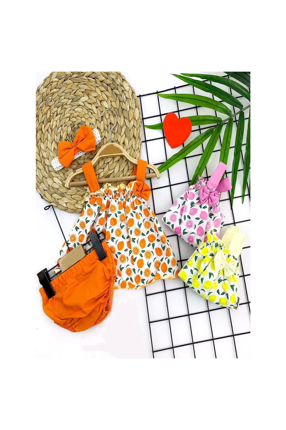 3-6-9-12 Months 3-Piece Baby Girl Dress with Bandages and Panties, Fruit Pattern and Straps