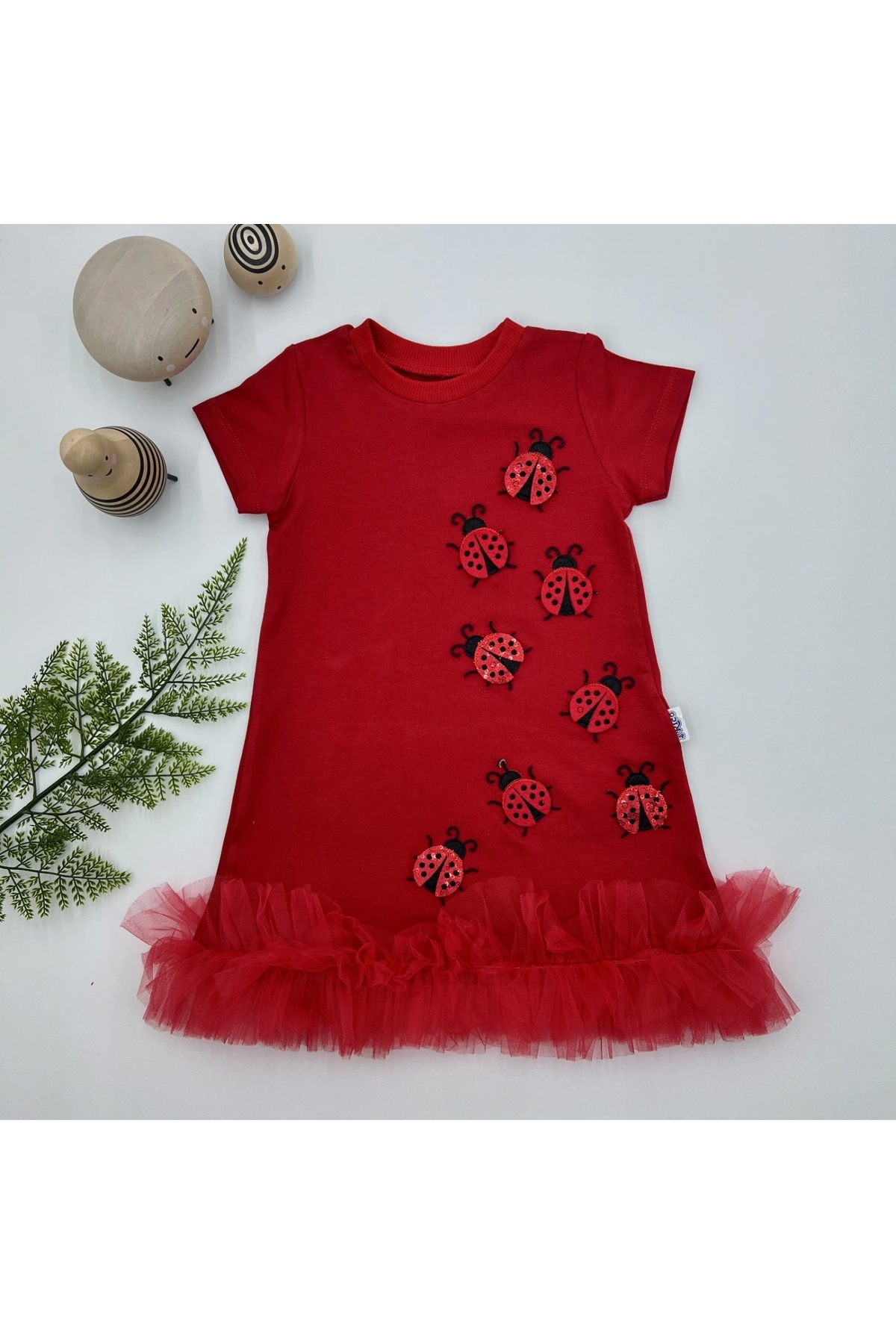 1-2-3 Years Old Ladybug Embroidered Ruffle End Girl's Gilet Dress