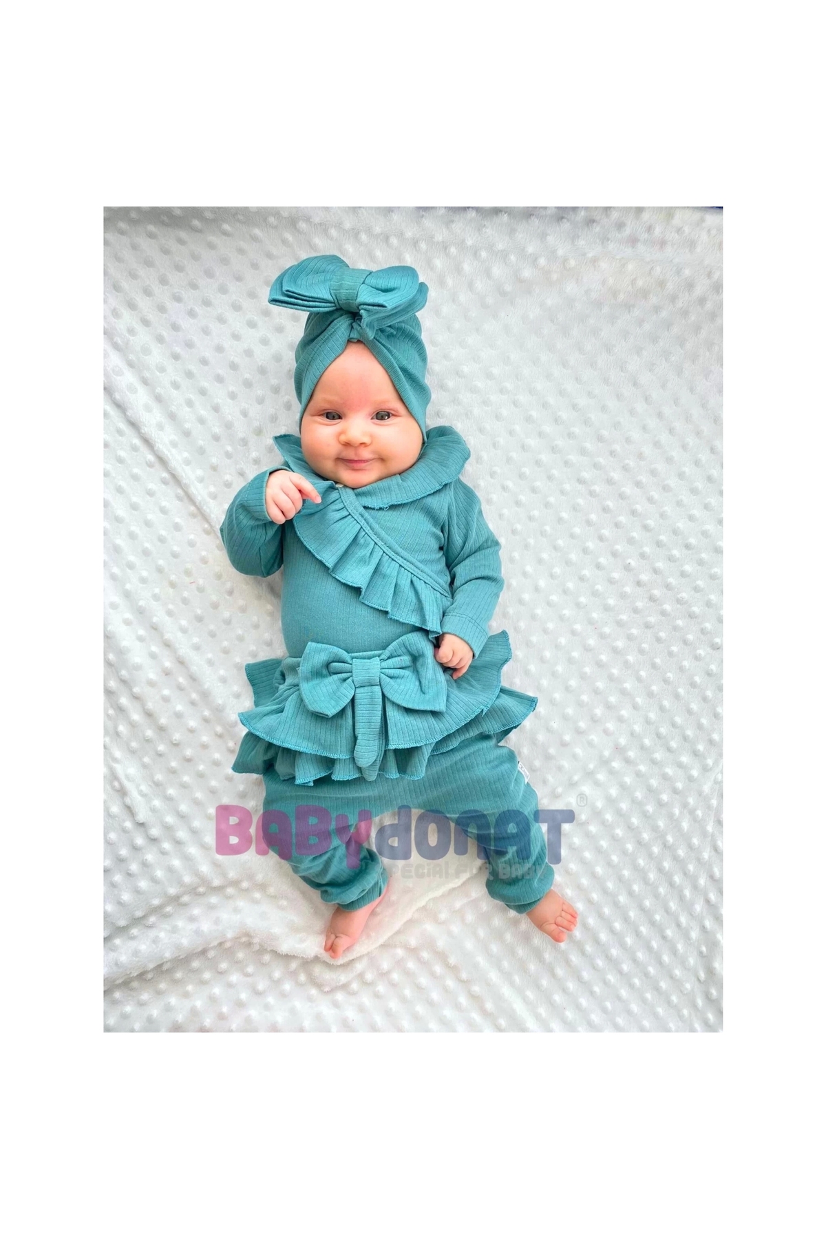 Ruffle Detailed Bow Bonnet 100% Cotton Baby Girl Set