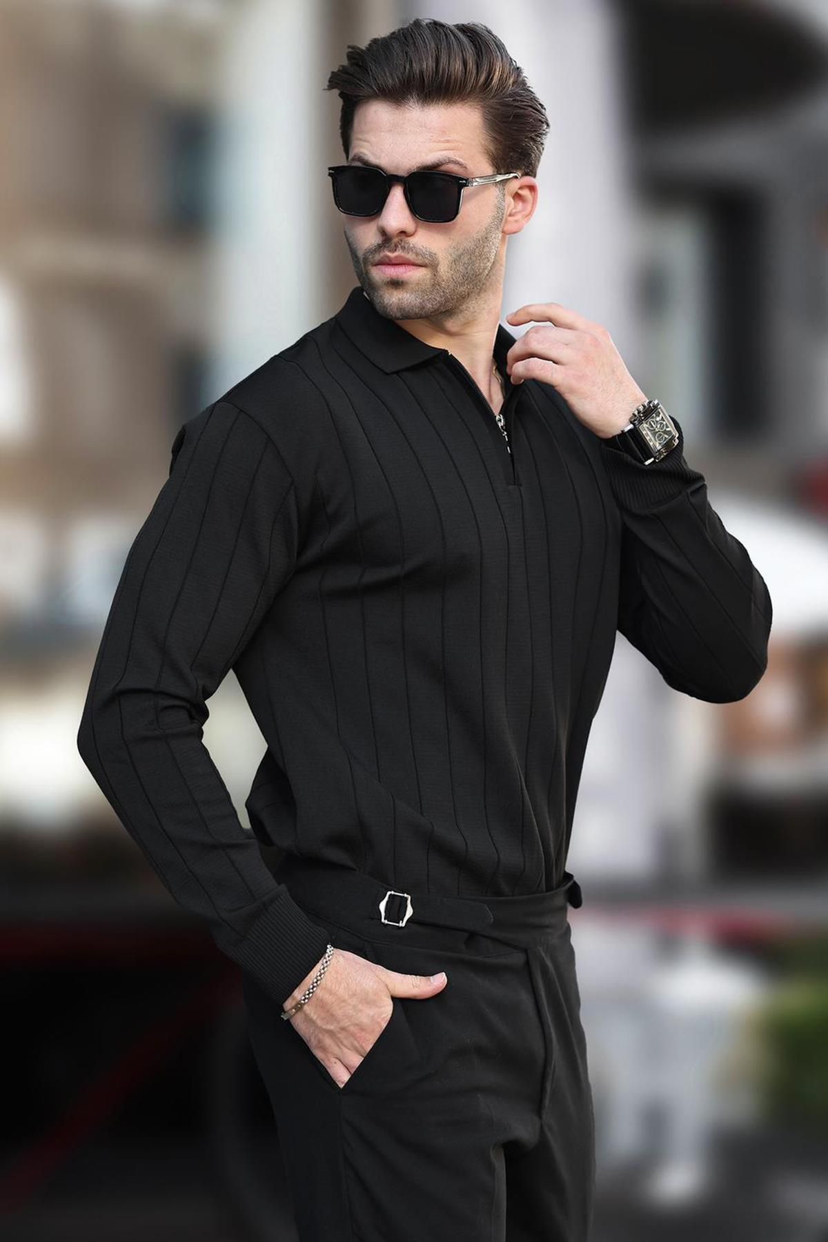 pull noir à col polo avec fermeture éclair et tricot 7242