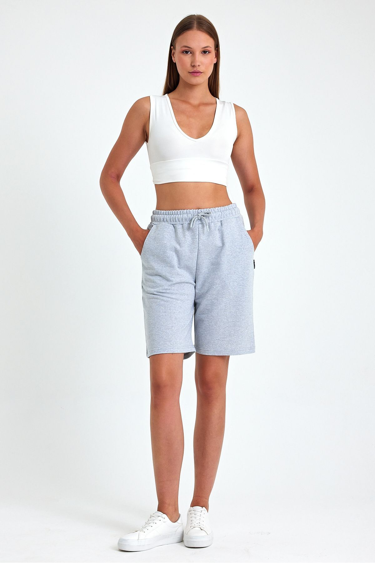 Women's Casual Elastic Waist Seasonal Soft Fabric Gray Long Bermuda Shorts with Pockets