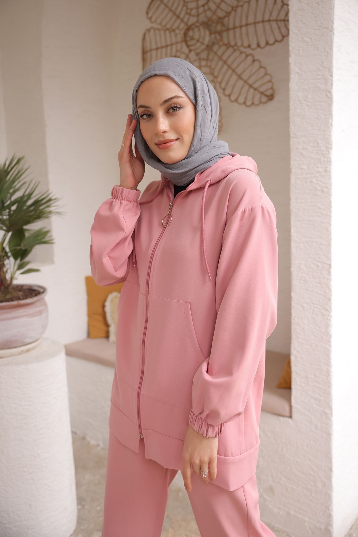 PİNK FLY-Hooded Imported Double Fabric Kangaroo Pocket Women's Hijab Tracksuit Set 7