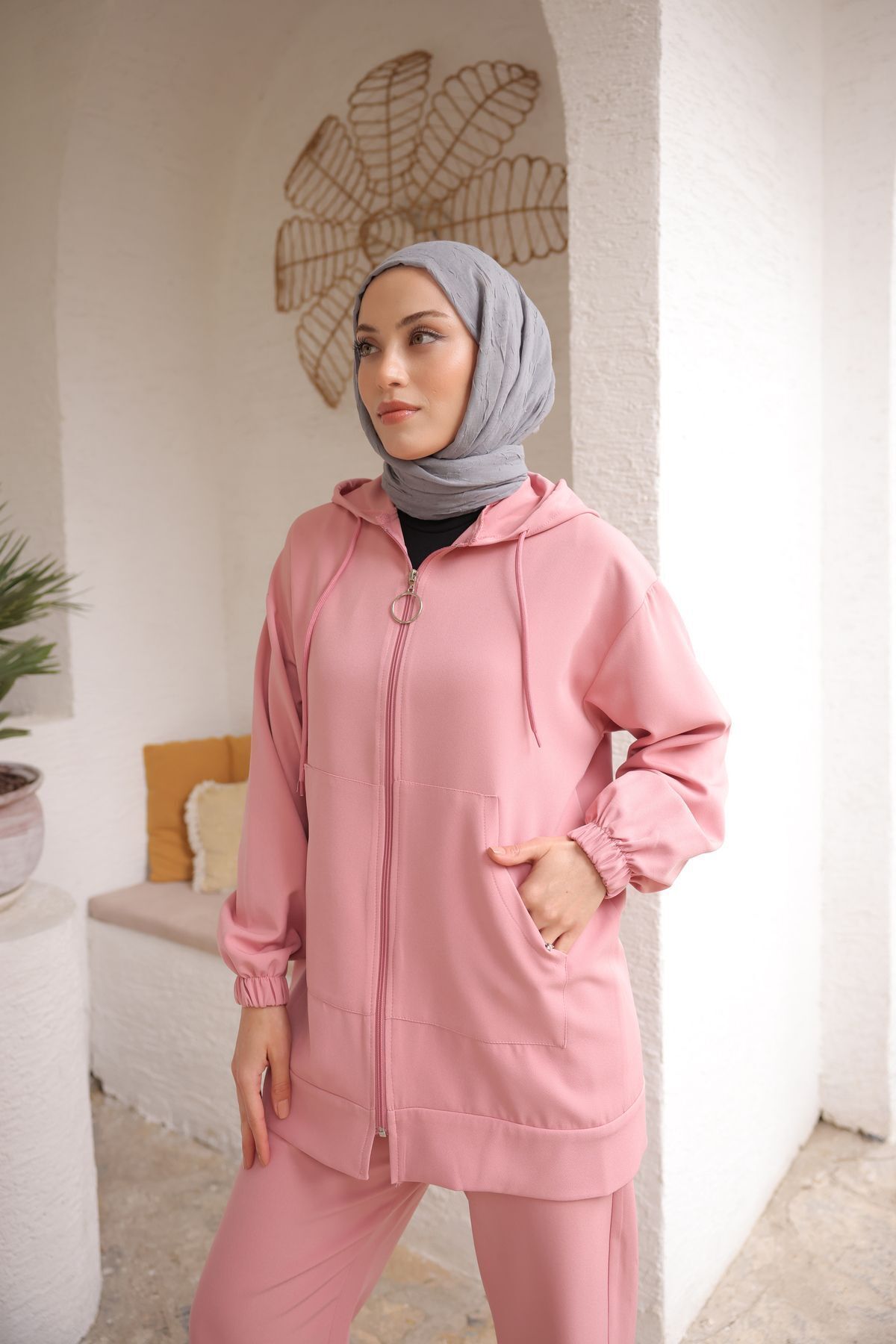 PİNK FLY-Hooded Imported Double Fabric Kangaroo Pocket Women's Hijab Tracksuit Set 6